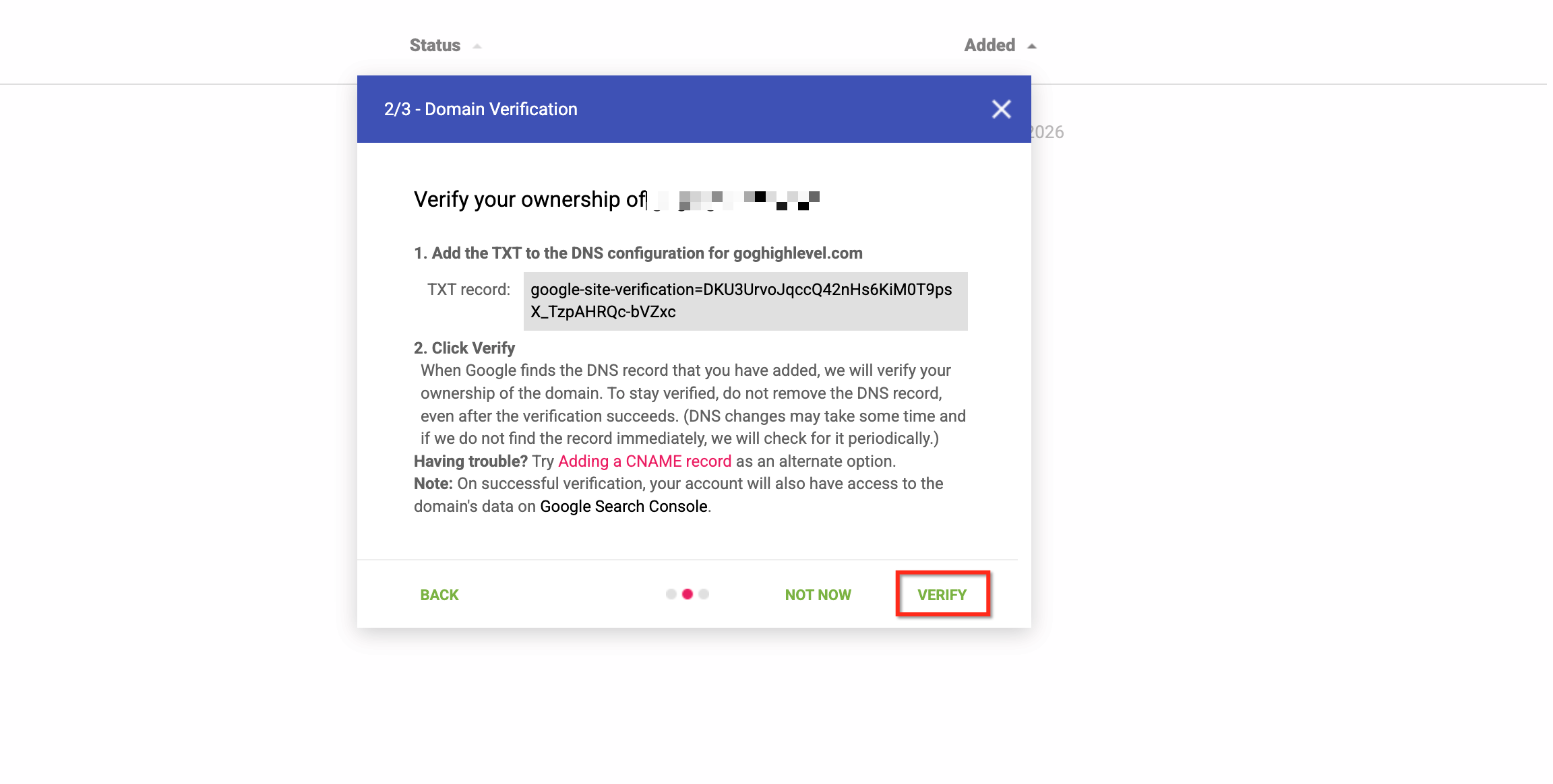 Copia del record TXT di verifica da Google Postmaster Tools