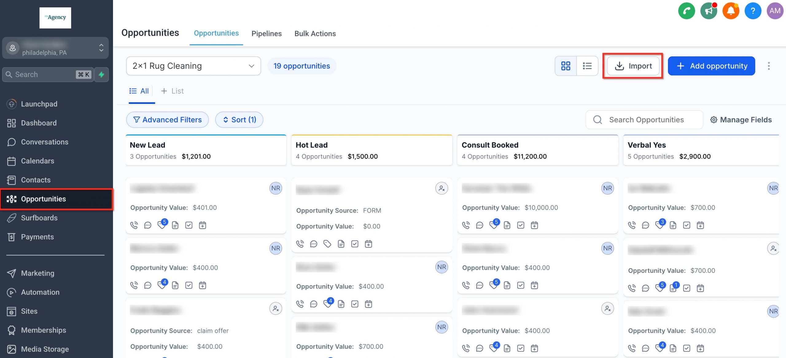 Pulsante per importare opportunità nella sezione Opportunità di Futuria CRM.
