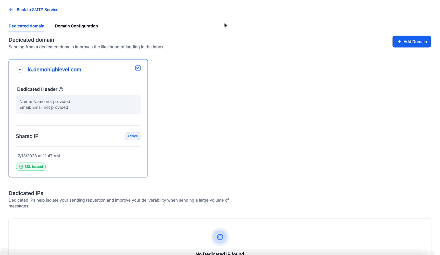 Animazione che mostra come aggiungere un nuovo dominio di invio