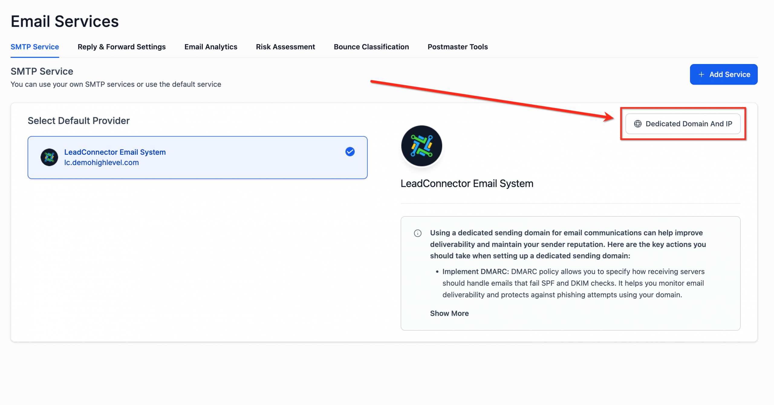 Pulsante per la configurazione del dominio e IP dedicato