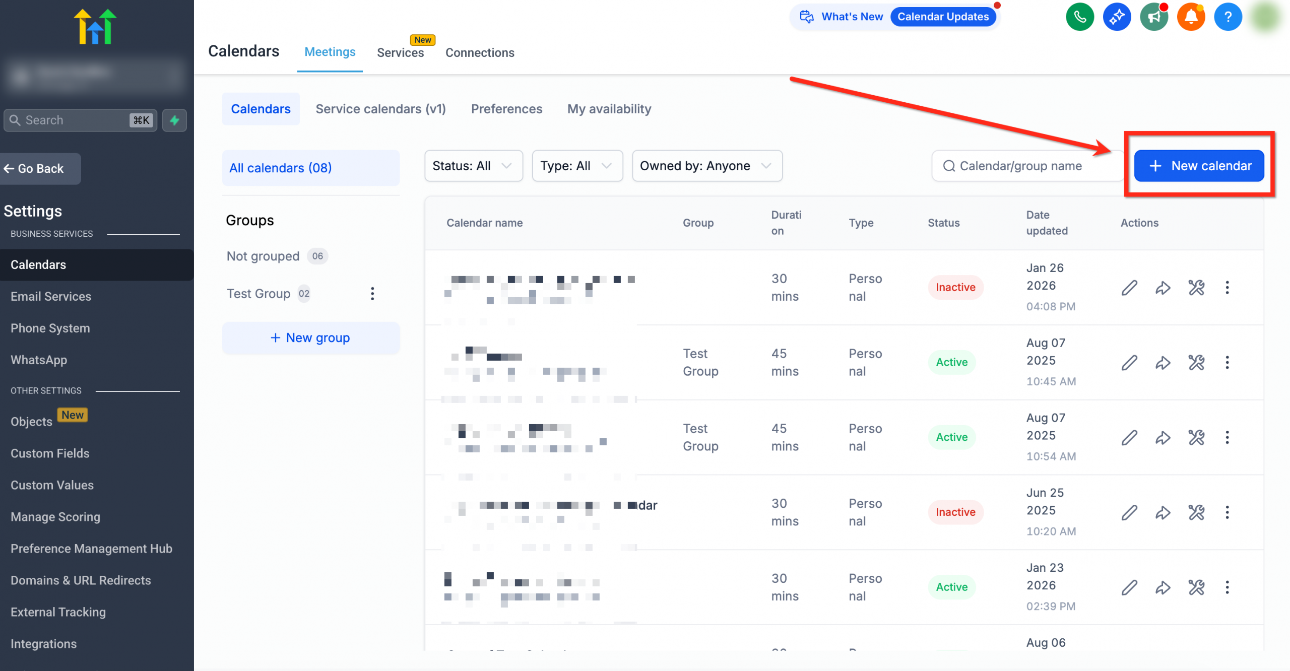 Pulsante per creare un nuovo calendario.