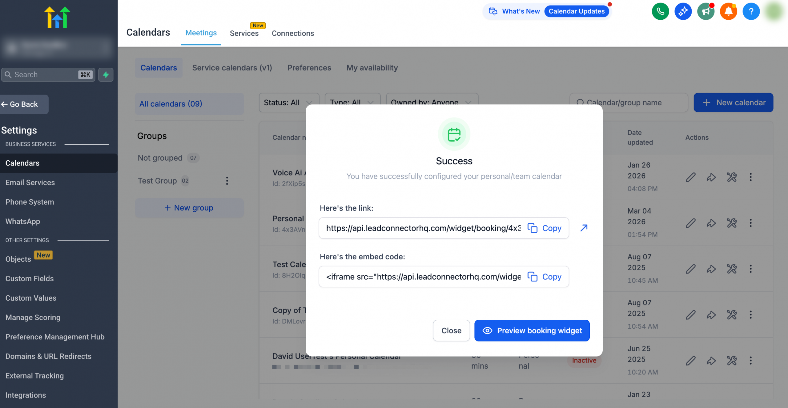 Opzioni per copiare il link del calendario o il codice di incorporamento.