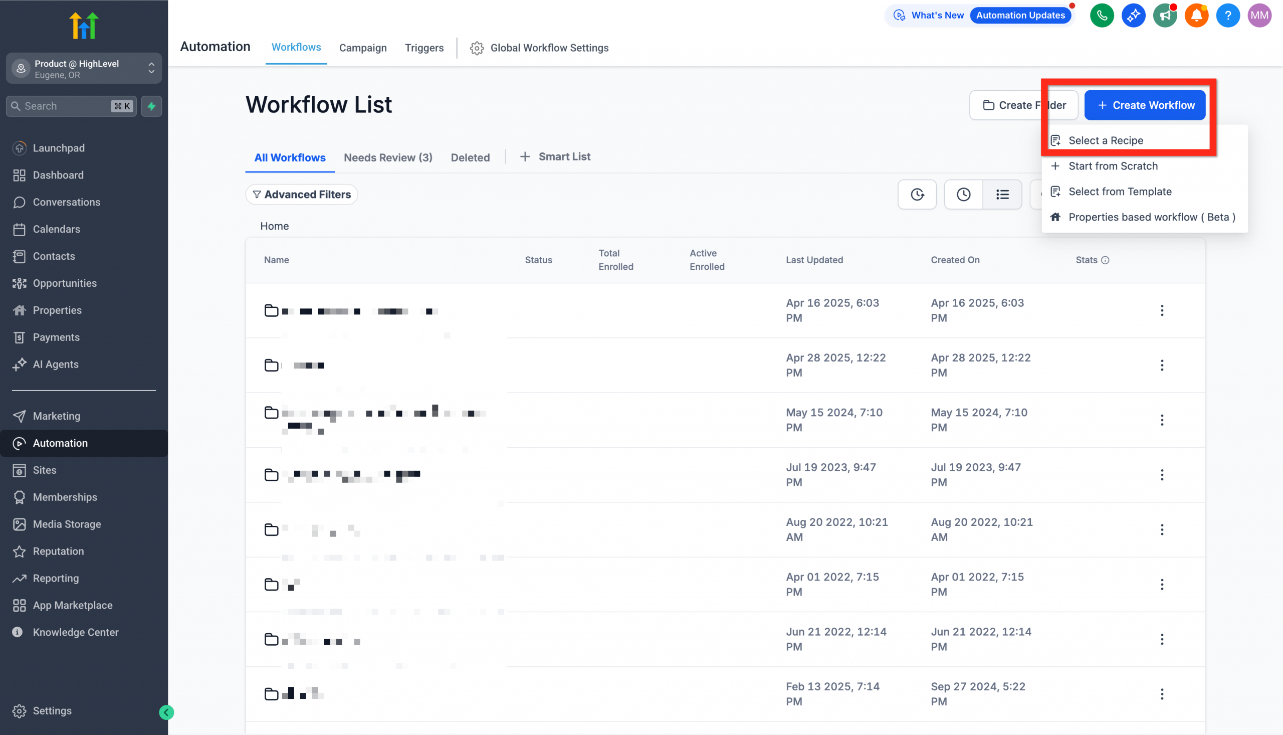 Schermata delle automazioni con il pulsante 'Crea workflow' e l'opzione 'Ricetta' evidenziati.