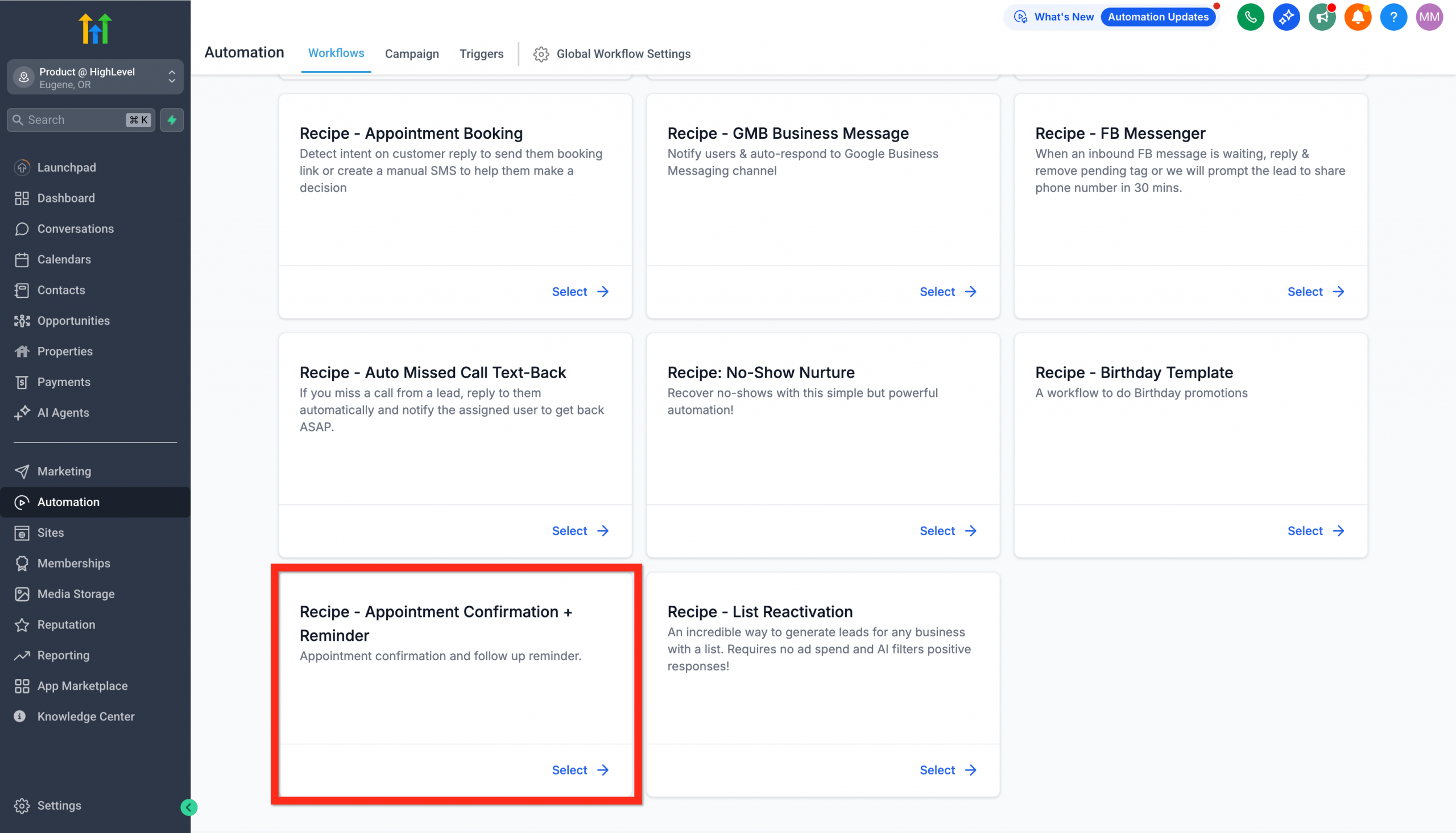 Selezione della ricetta di automazione 'Conferma appuntamento + Promemoria'.