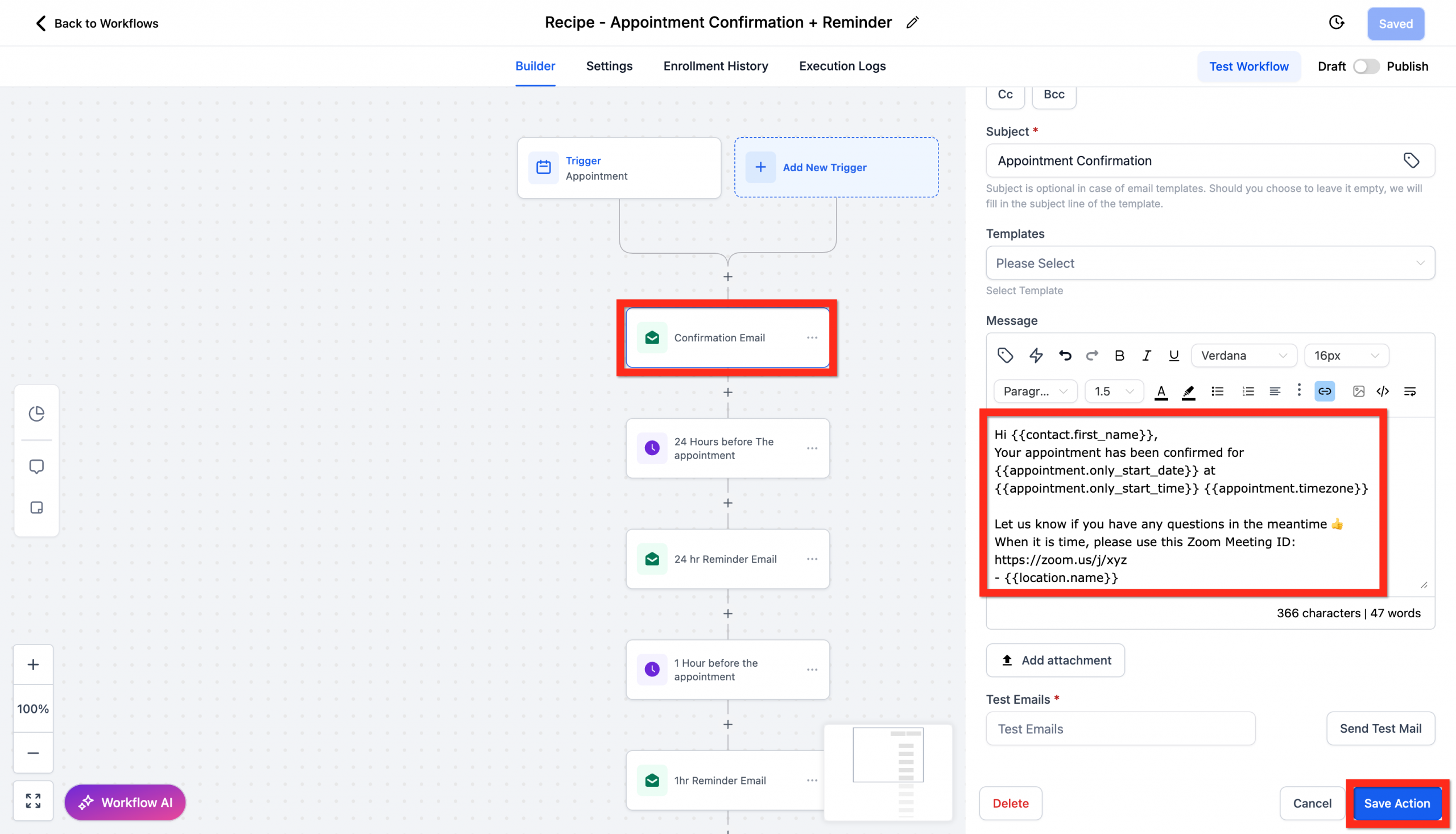 Editor dell'azione email di conferma all'interno di un workflow.