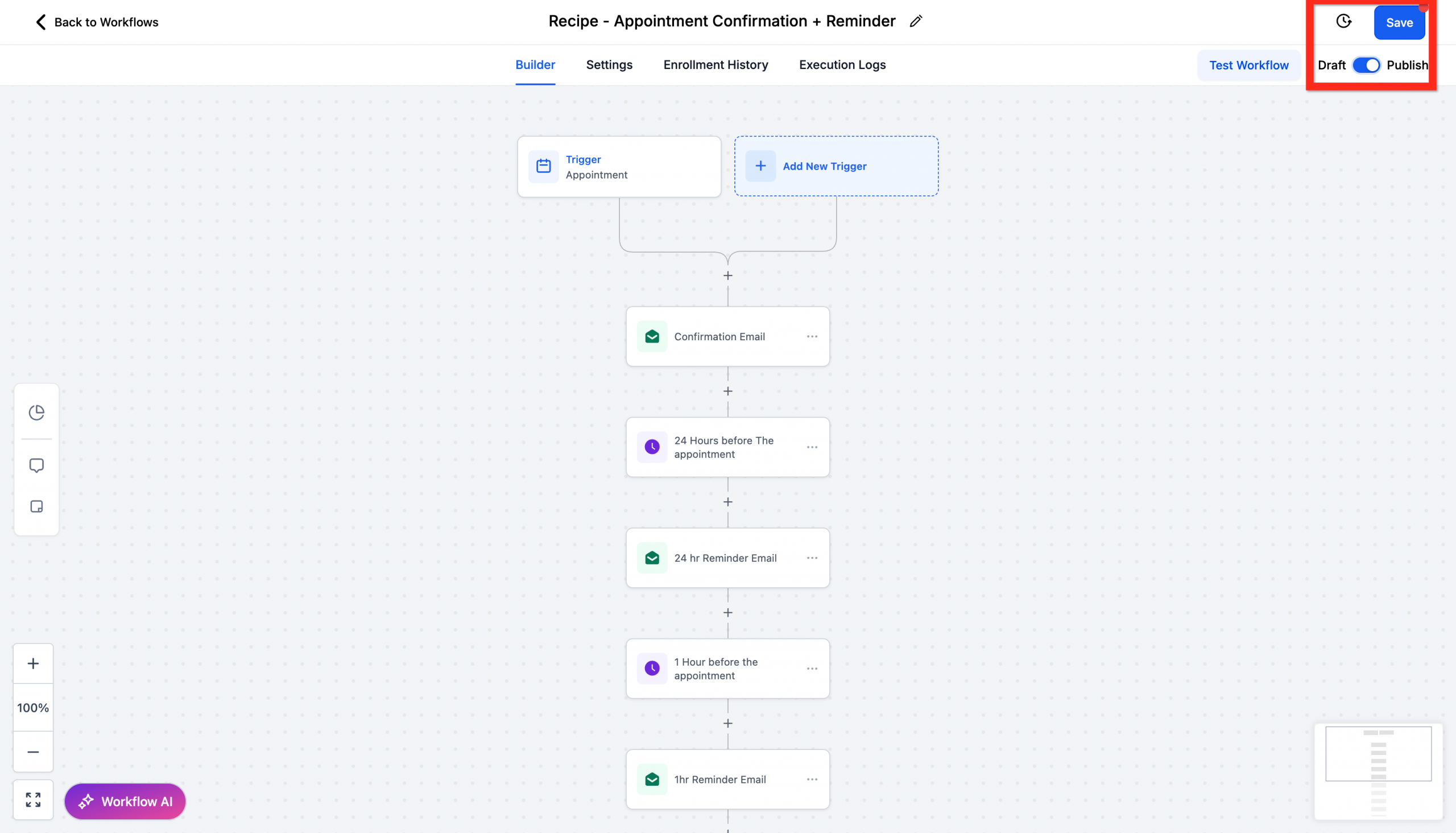 Pulsanti 'Pubblica' e 'Salva' per attivare il workflow di automazione.