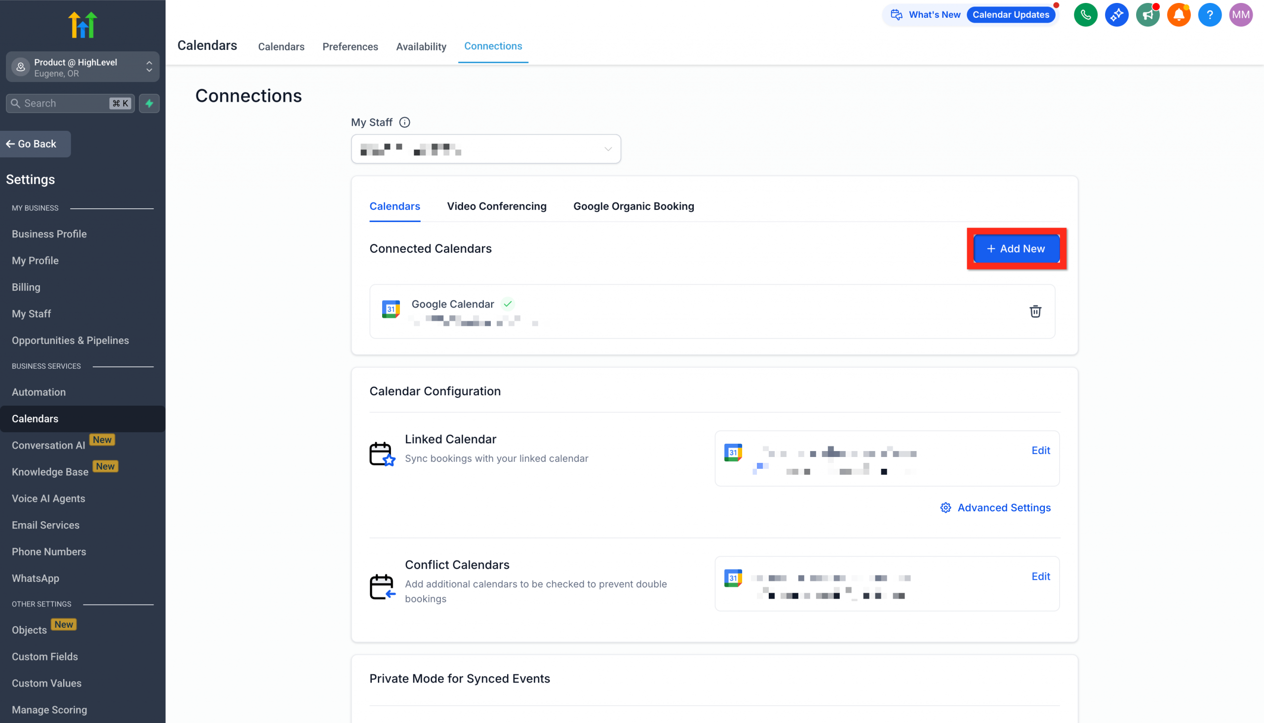 Scheda 'Connessioni' nelle impostazioni del calendario per collegare un calendario personale.