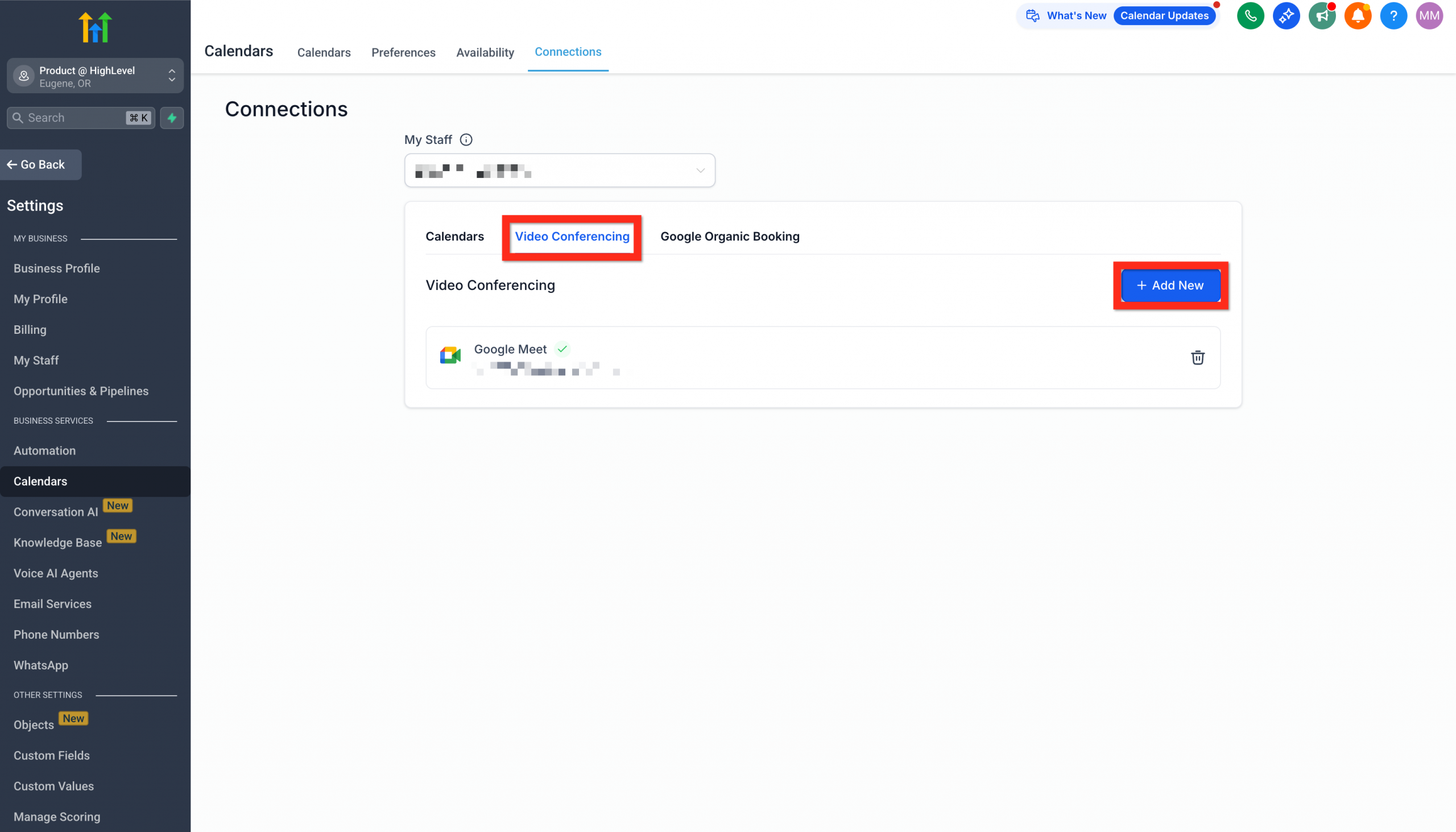Scheda 'Videoconferenza' per collegare uno strumento come Zoom o Google Meet.
