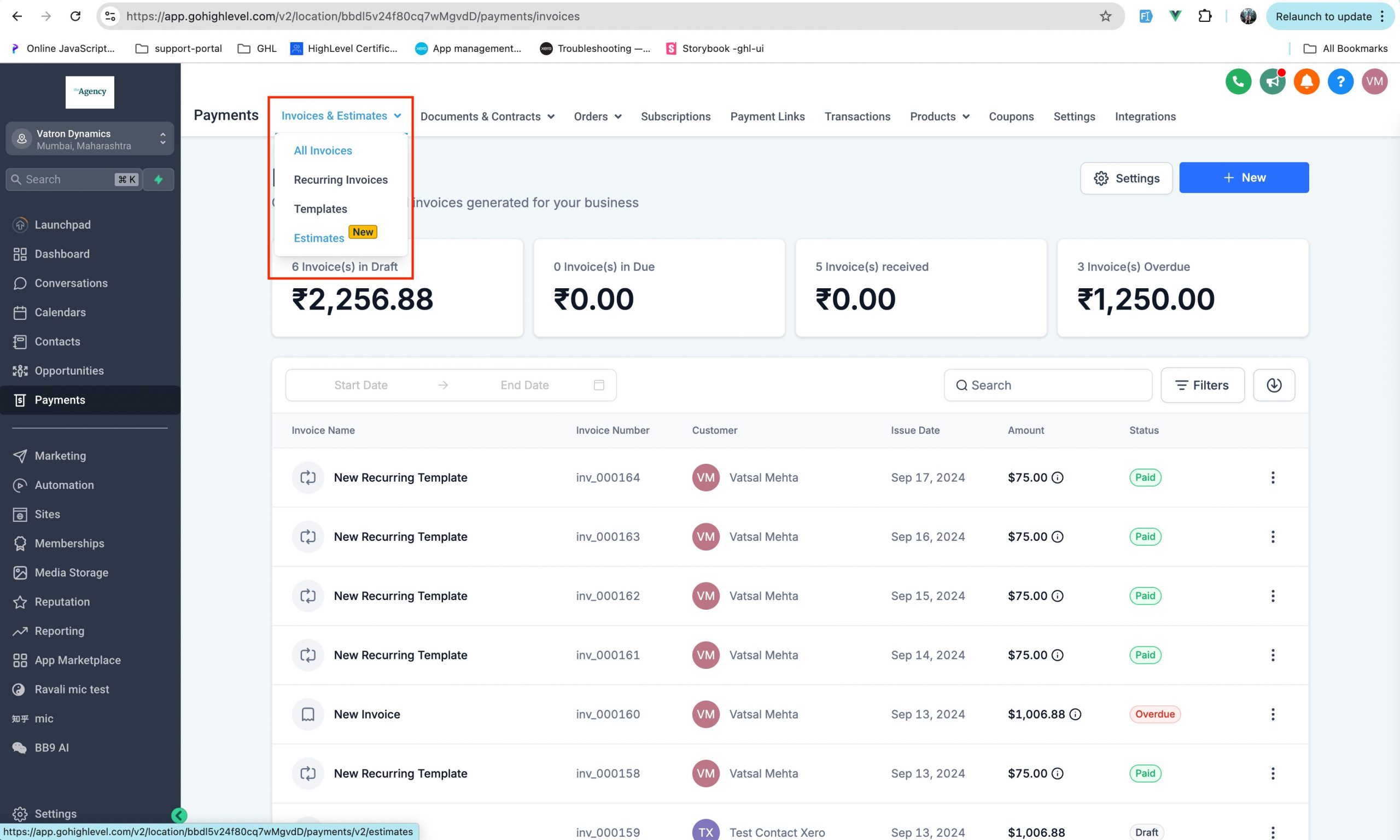 Sezione Preventivi all'interno del menu Pagamenti di Futuria CRM.