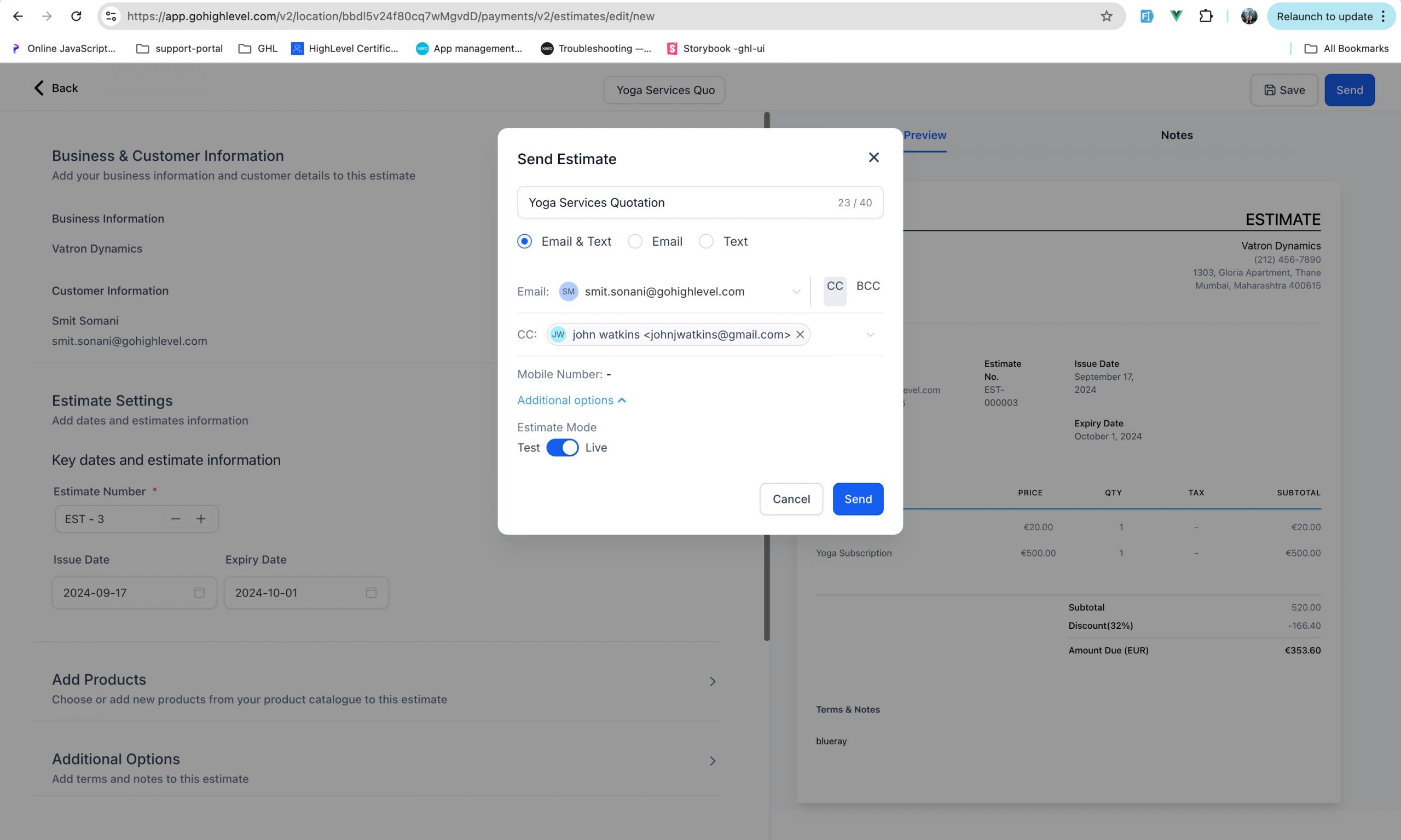 Schermata di invio del preventivo al cliente via email o SMS.