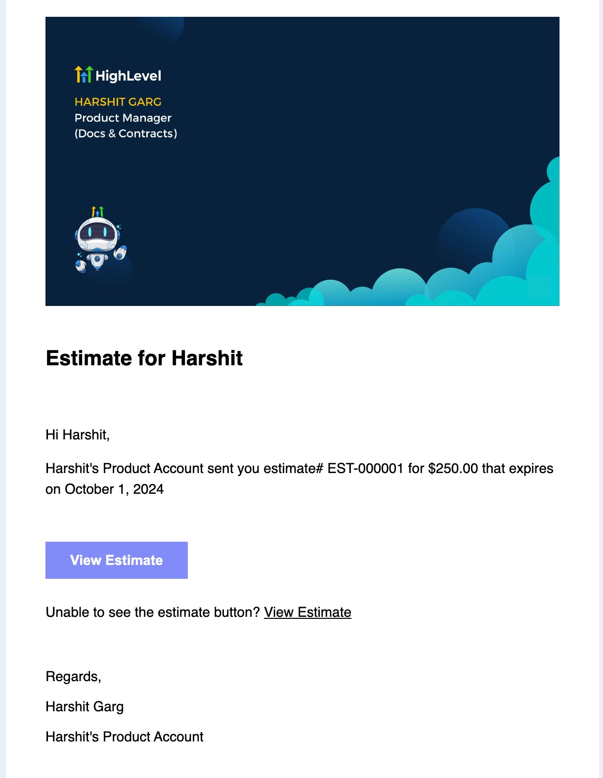 Esempio di email con il link al preventivo inviato al cliente.