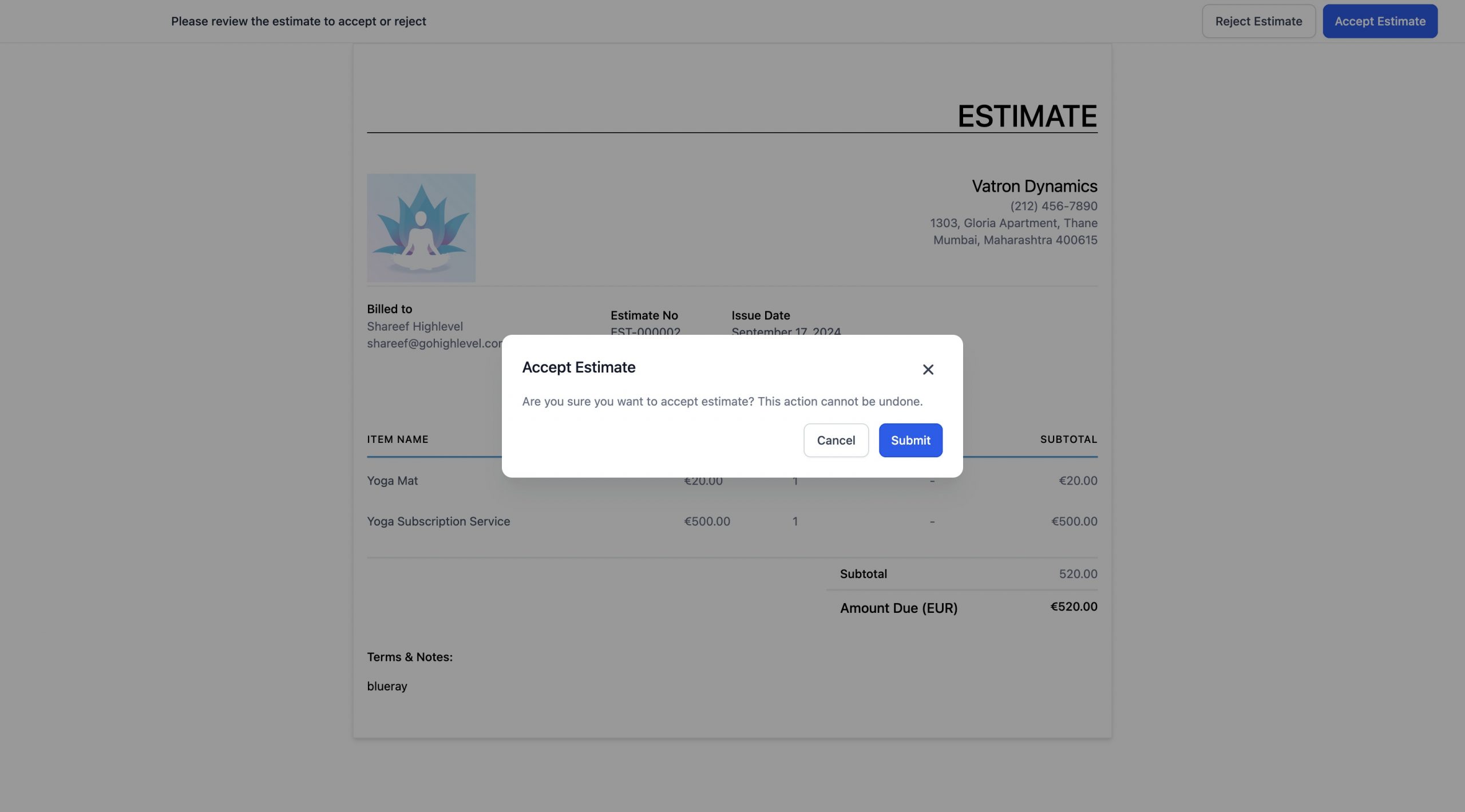 Vista del cliente di un preventivo con il pulsante per accettarlo.