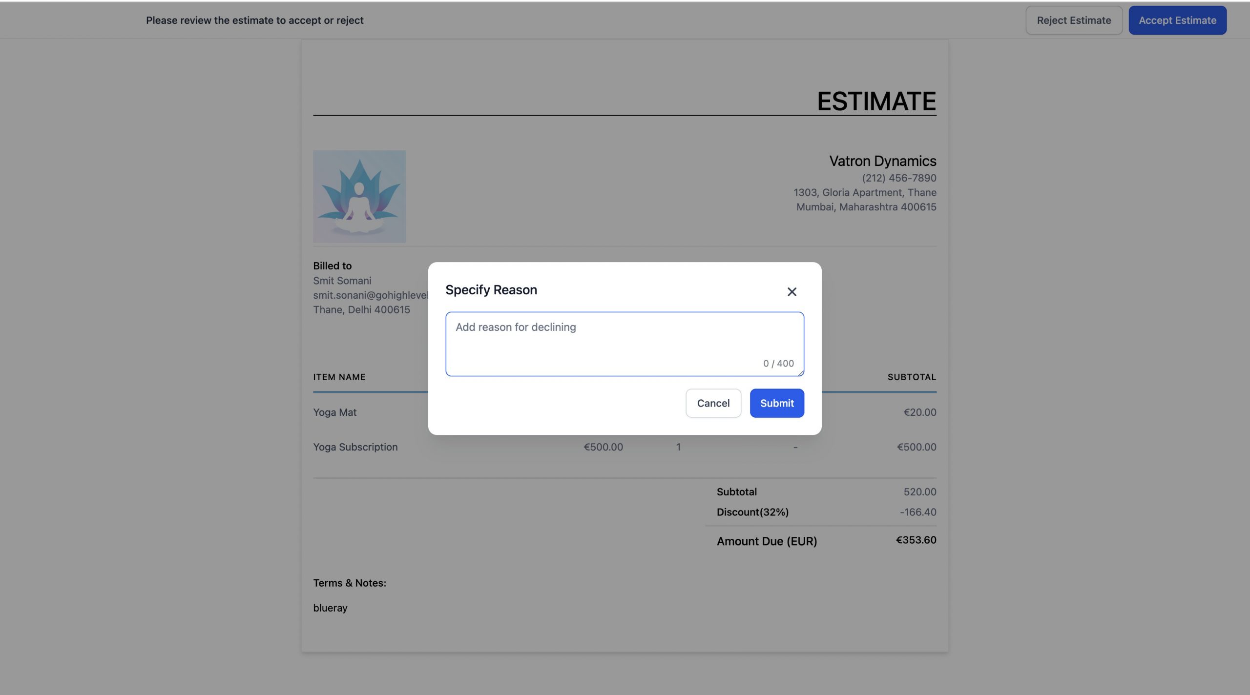 Vista del cliente di un preventivo con il pulsante per rifiutarlo e aggiungere note.