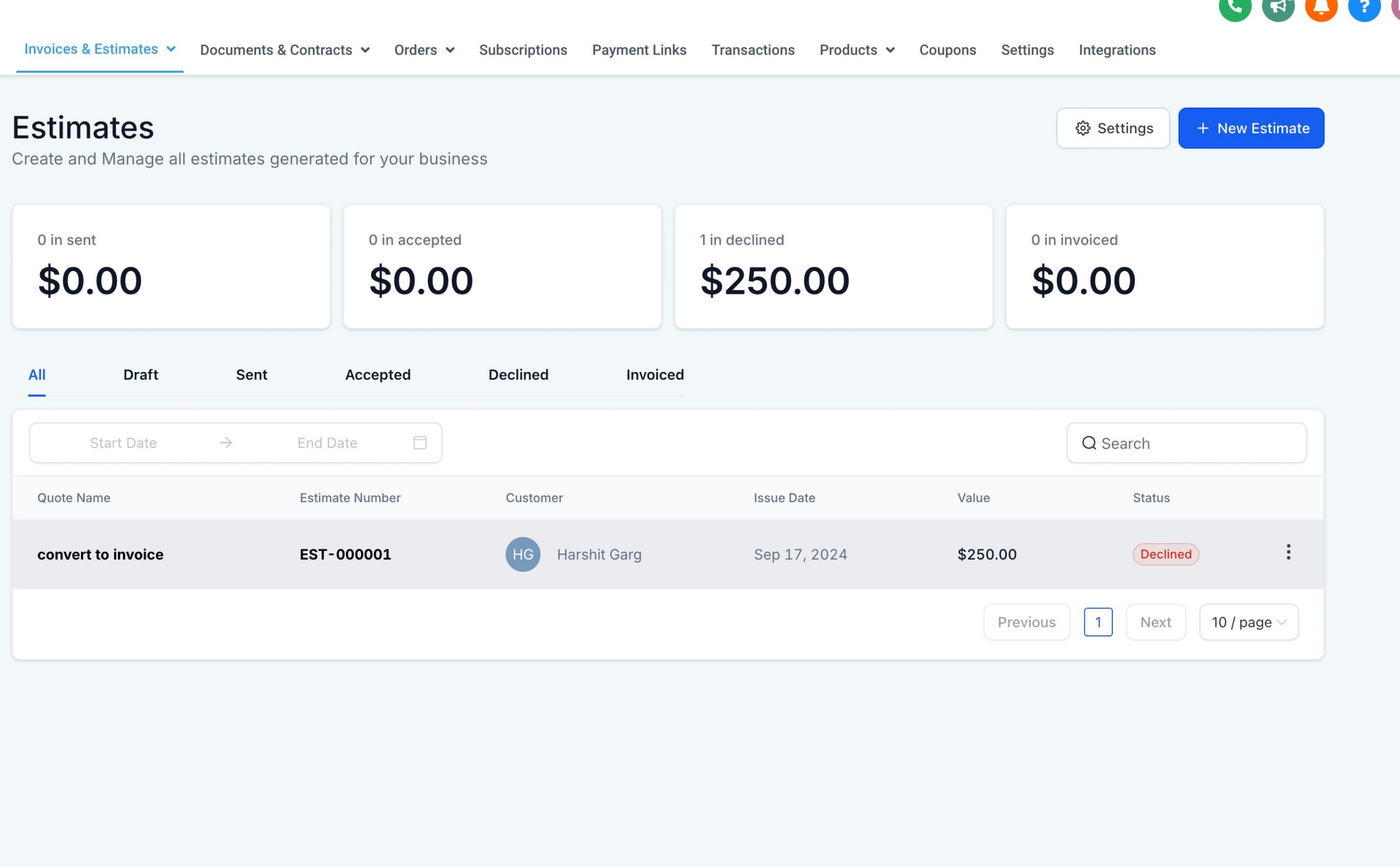 Elenco dei preventivi inviati nella dashboard di Futuria CRM.