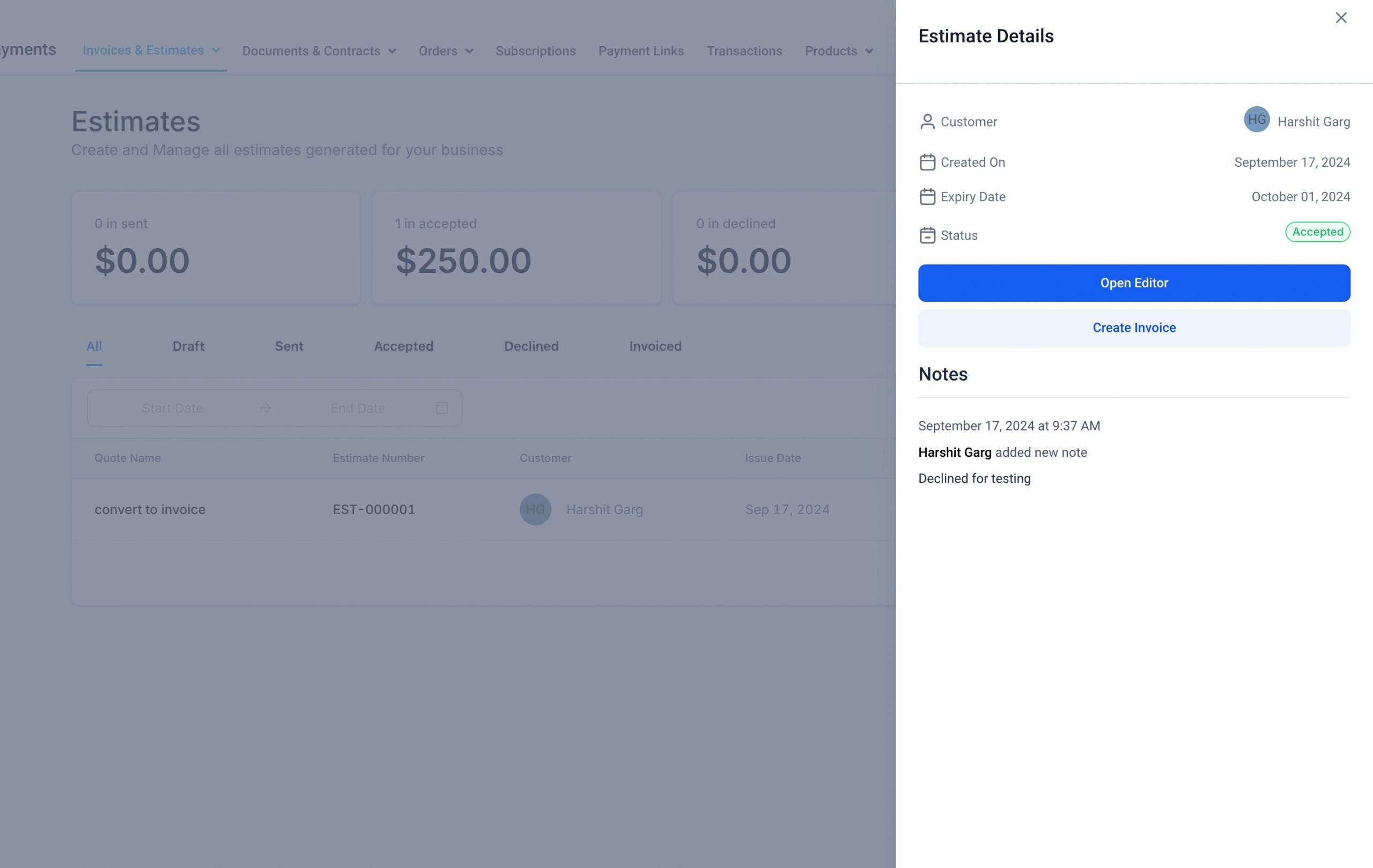 Opzione per convertire un preventivo accettato in una fattura.