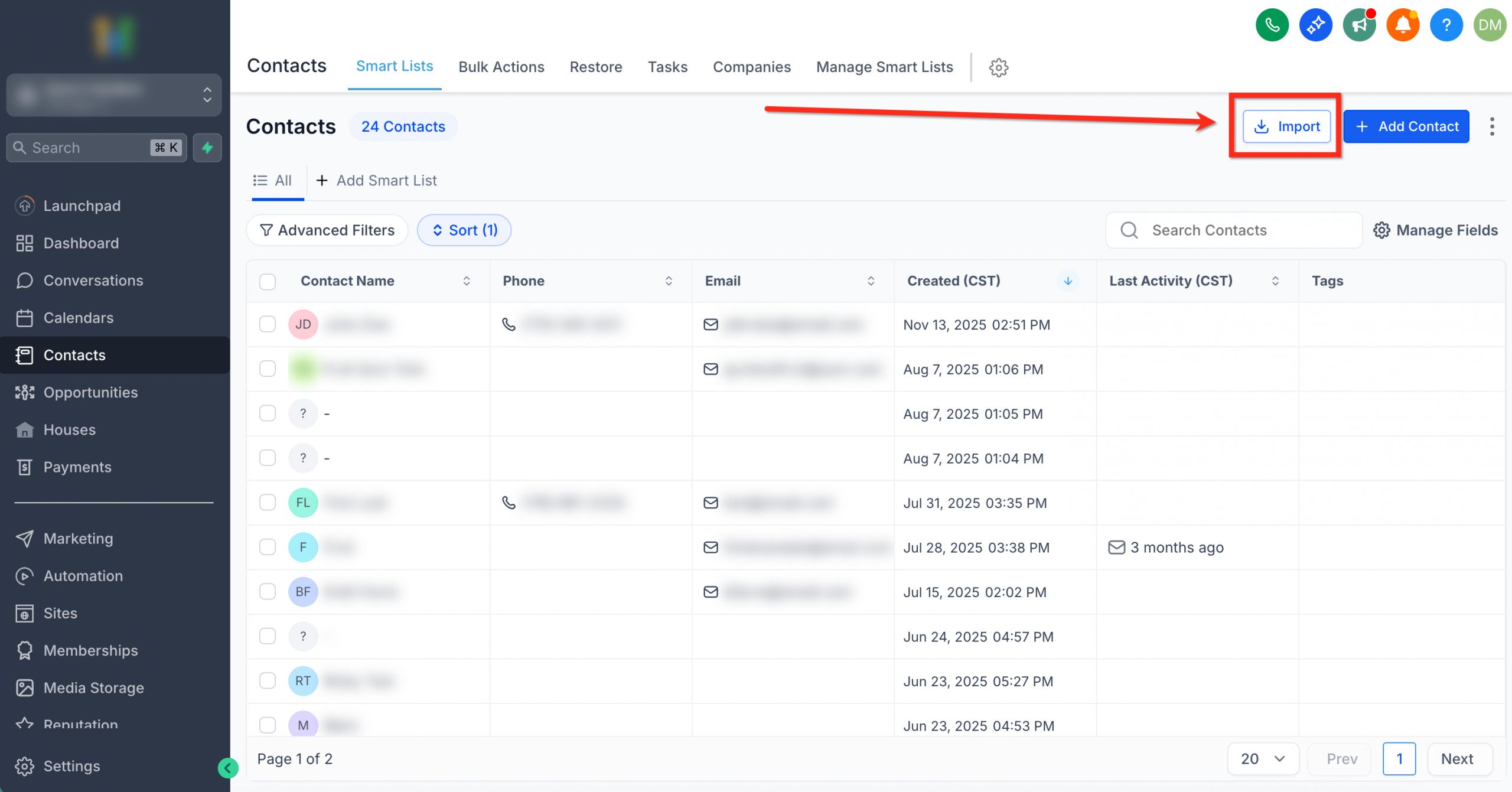 Pulsante per importare i contatti in Futuria CRM