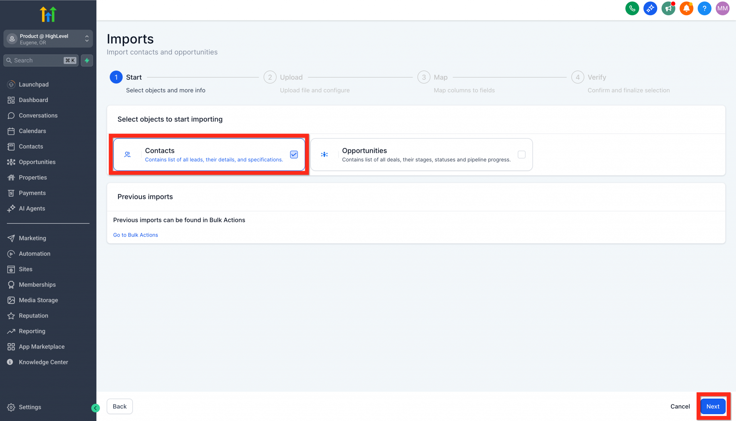 Selezione del tipo di importazione dei contatti