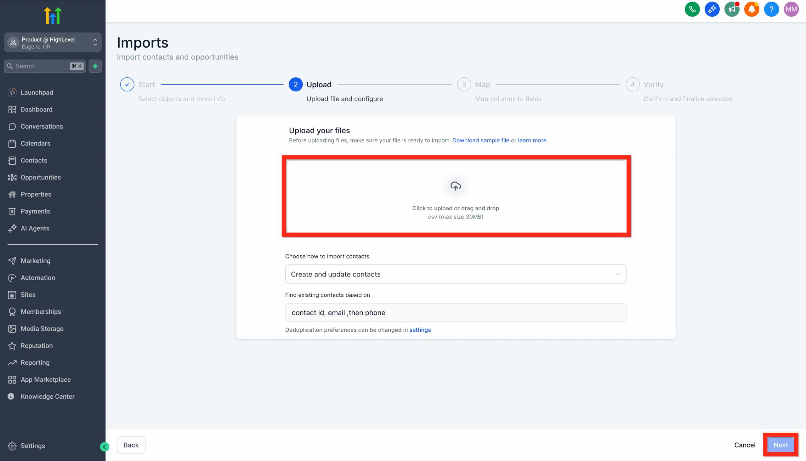 Caricamento di un file CSV per l'importazione dei contatti