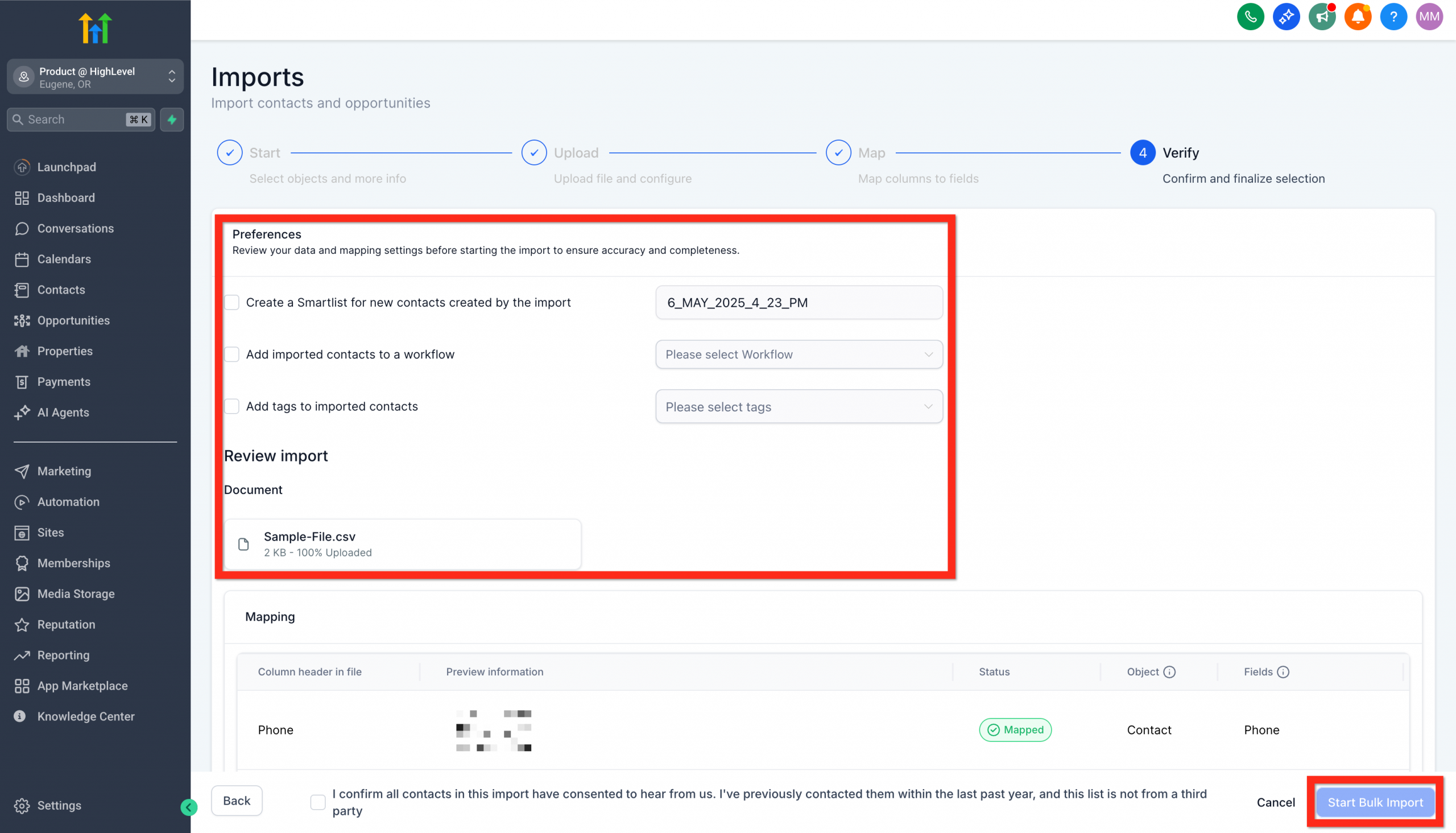 Dettagli finali dell'importazione, come l'aggiunta di tag e la gestione del consenso