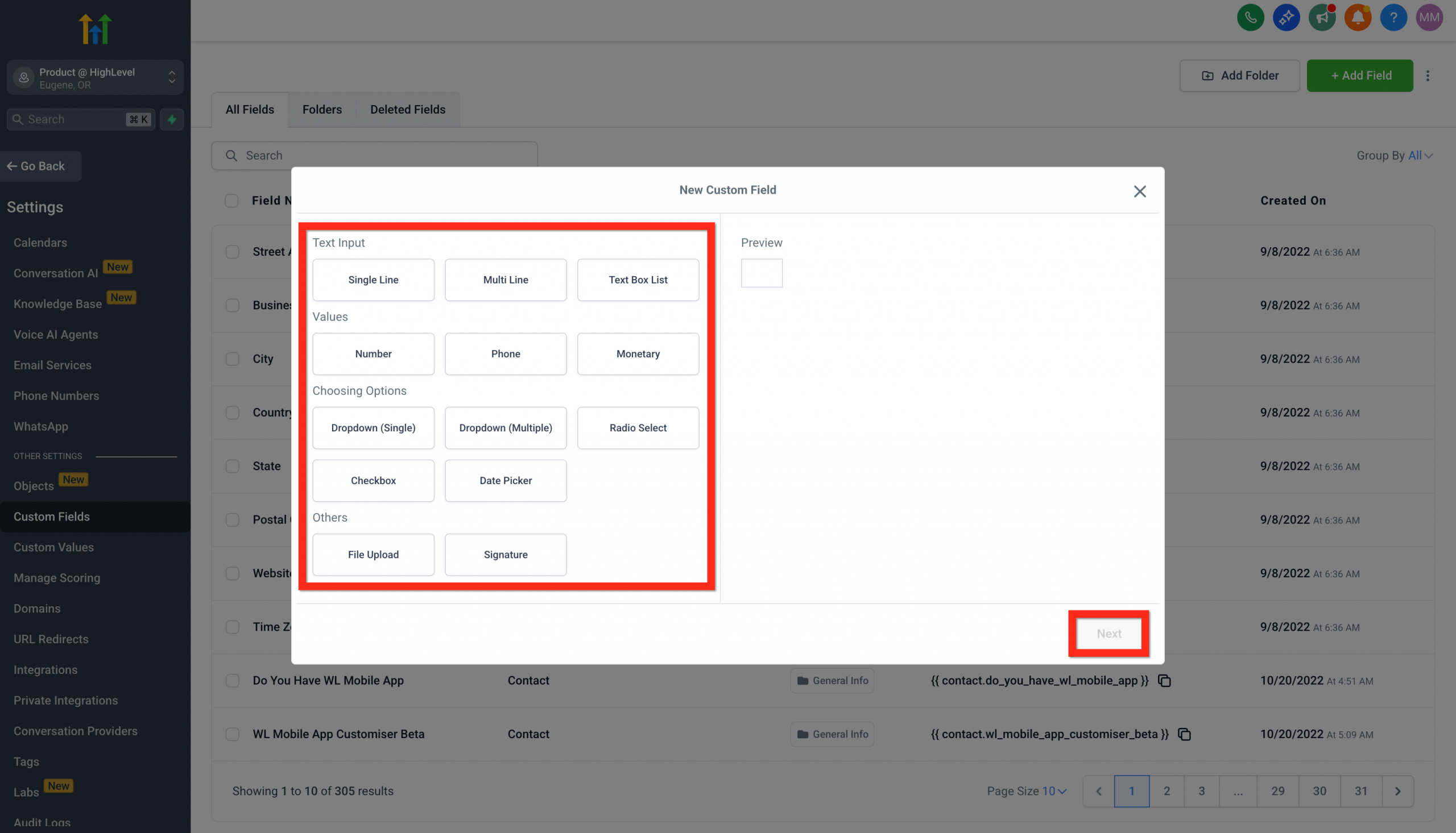 Scelta del tipo di campo personalizzato da creare