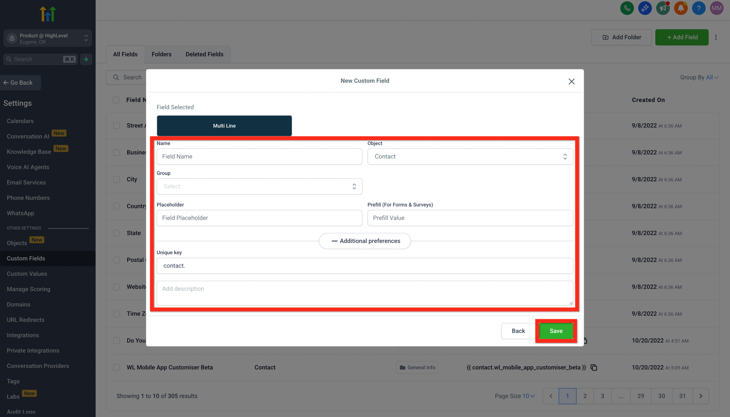 Modulo per la configurazione di un nuovo campo personalizzato
