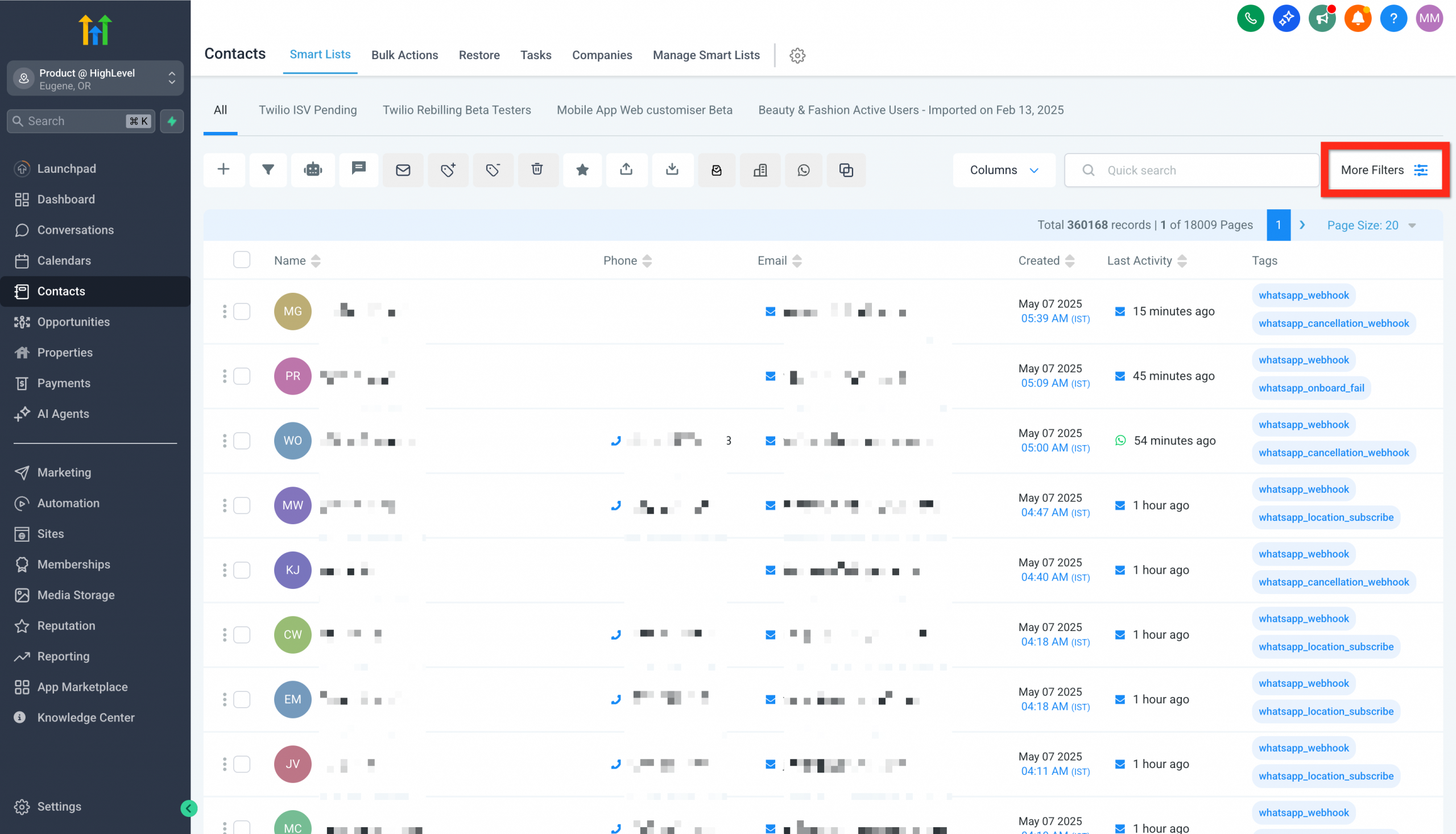 Vista principale della sezione Contatti in Futuria CRM