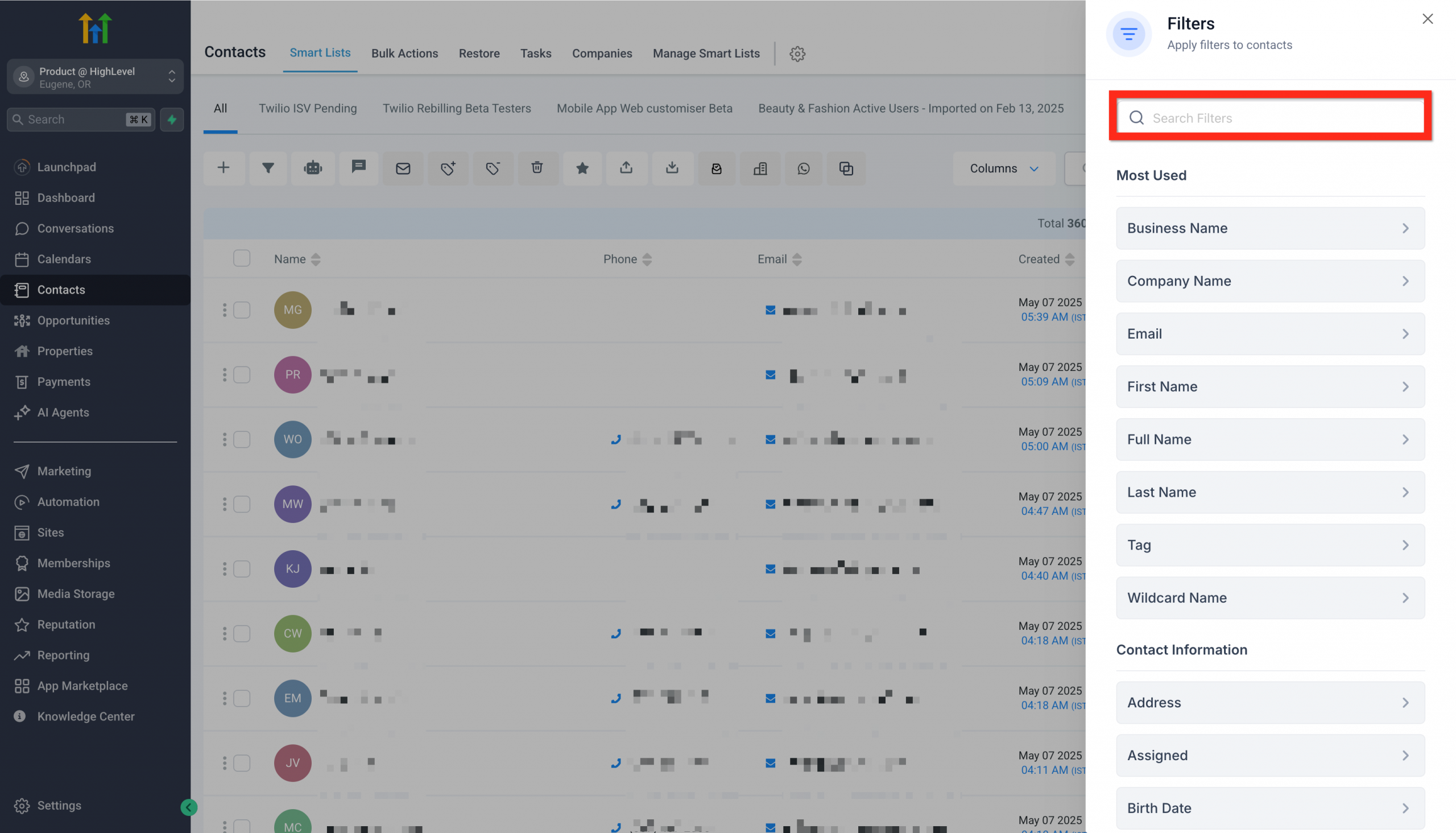 Opzioni di filtro per segmentare i contatti