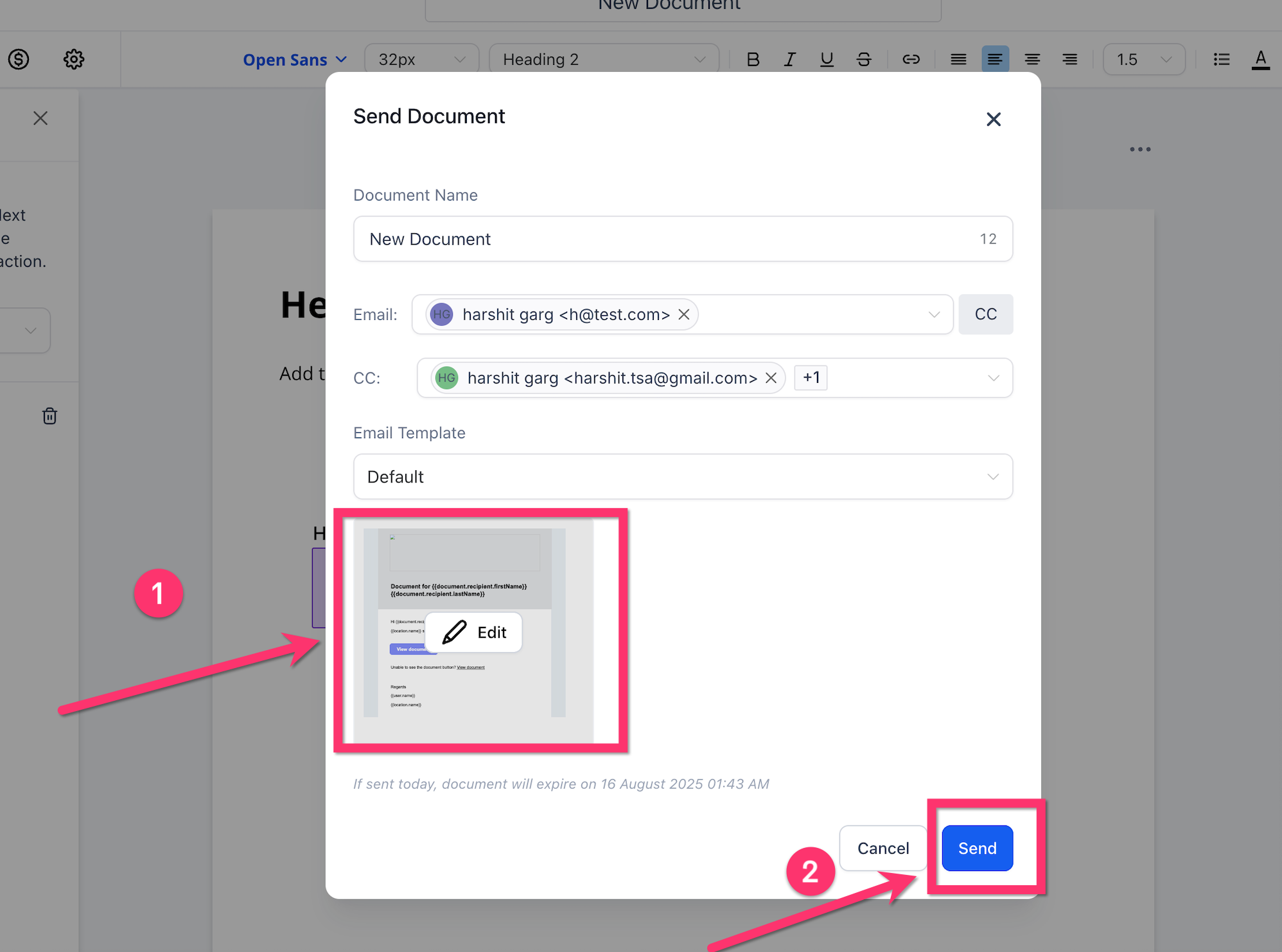 Finestra di invio del documento che mostra le opzioni per selezionare e modificare il modello di email.
