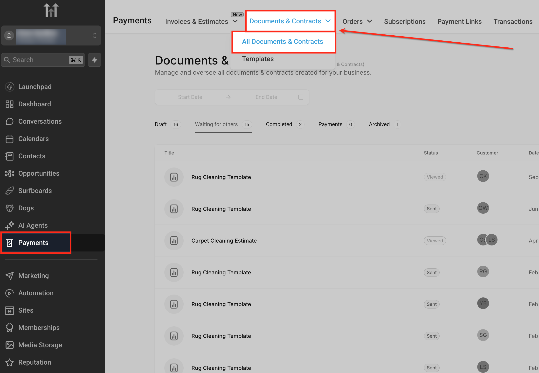 Dashboard della sezione Documenti e contratti in Futuria CRM.
