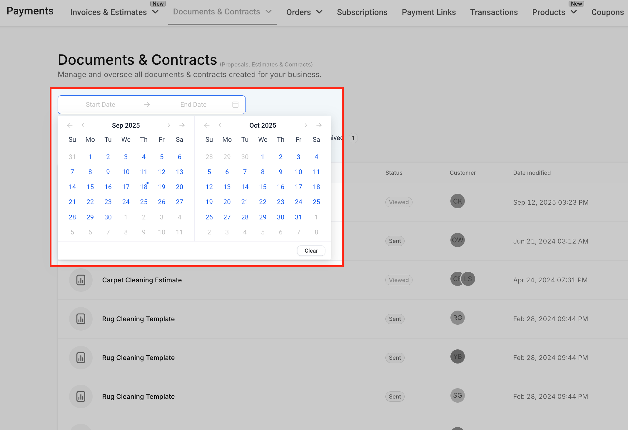 Filtro per data nella dashboard dei documenti.