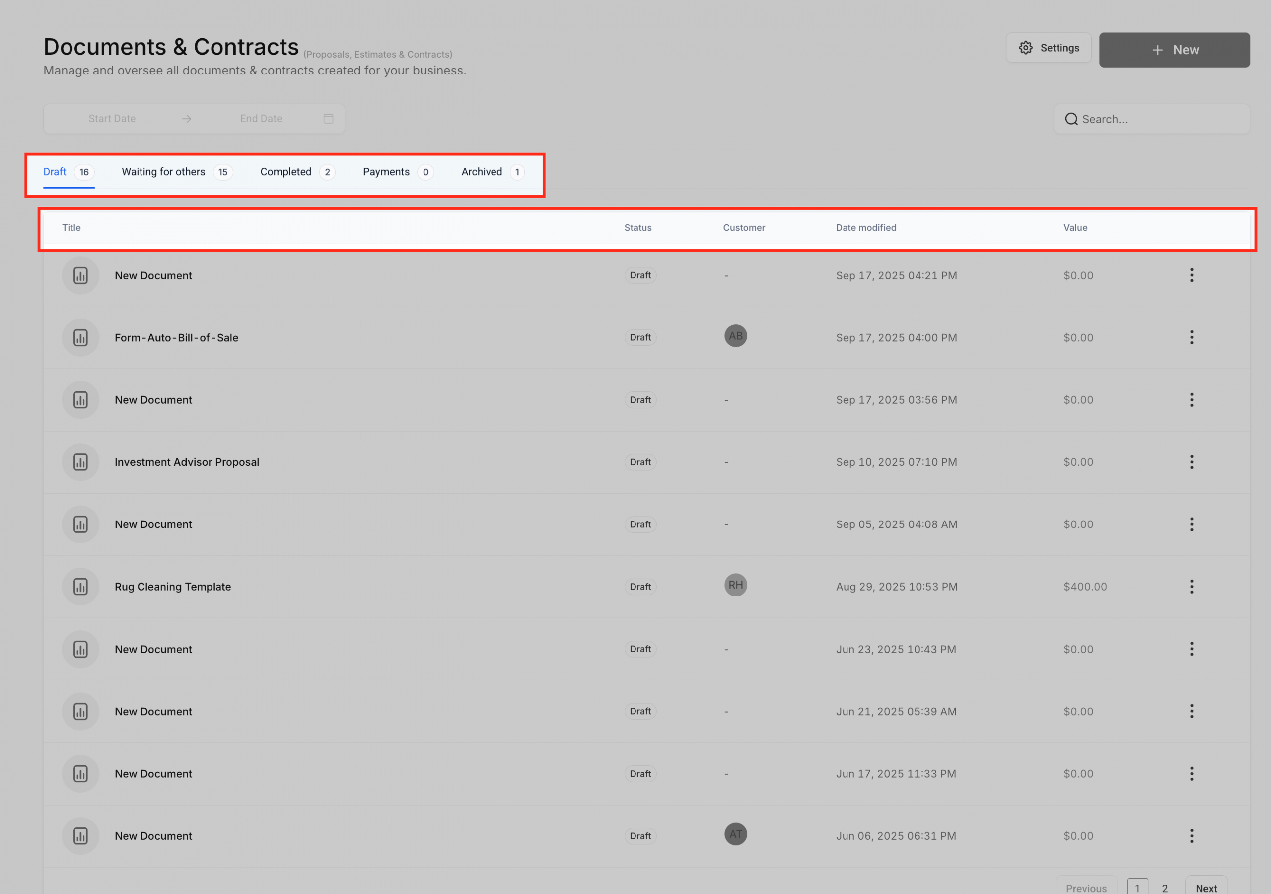 Menu delle azioni rapide per un documento, con opzioni come Visualizza, Clona e Scarica PDF.