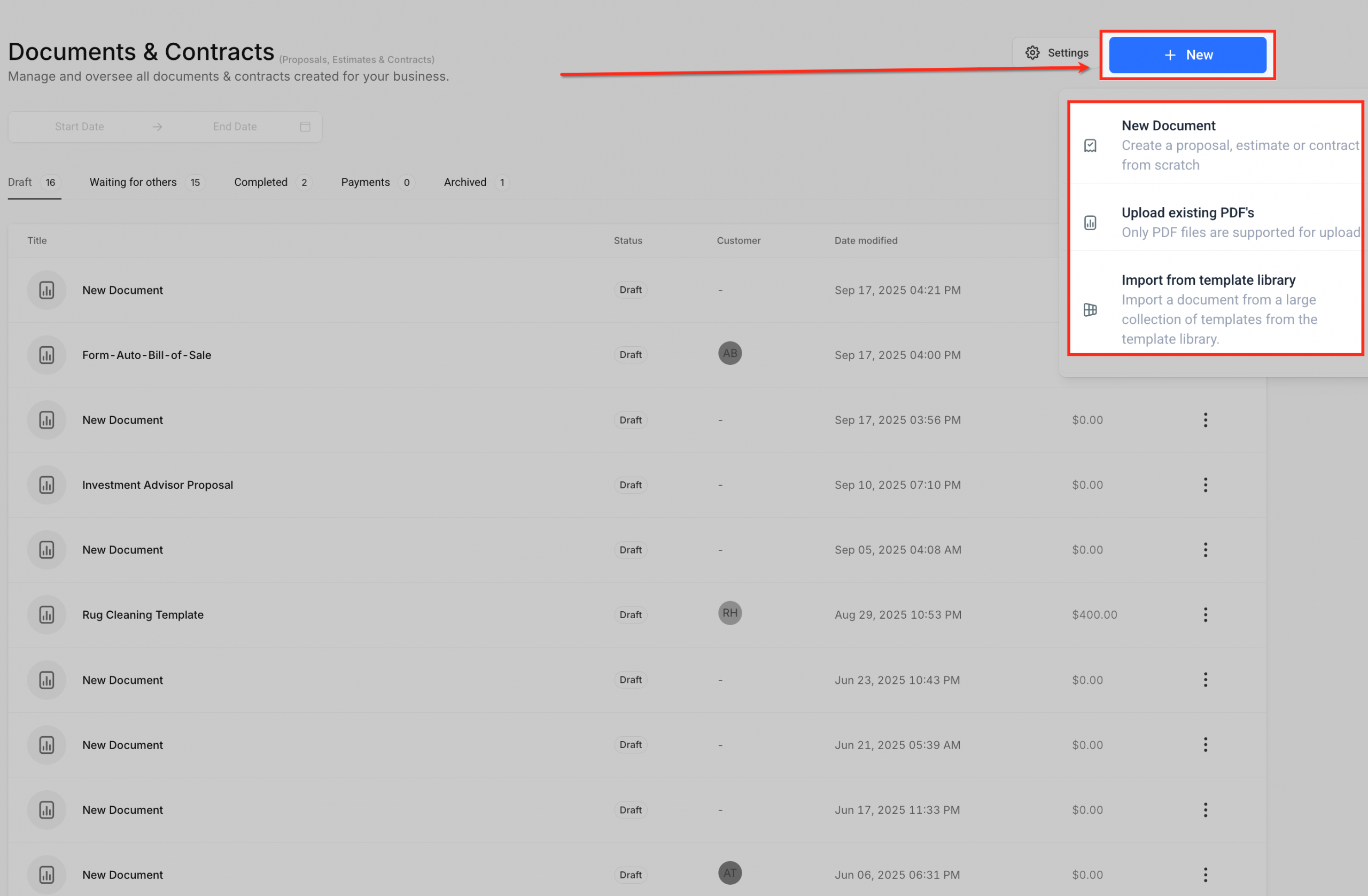Opzioni per la creazione di un nuovo documento: Nuovo documento, Carica PDF esistente, Importa da libreria modelli.