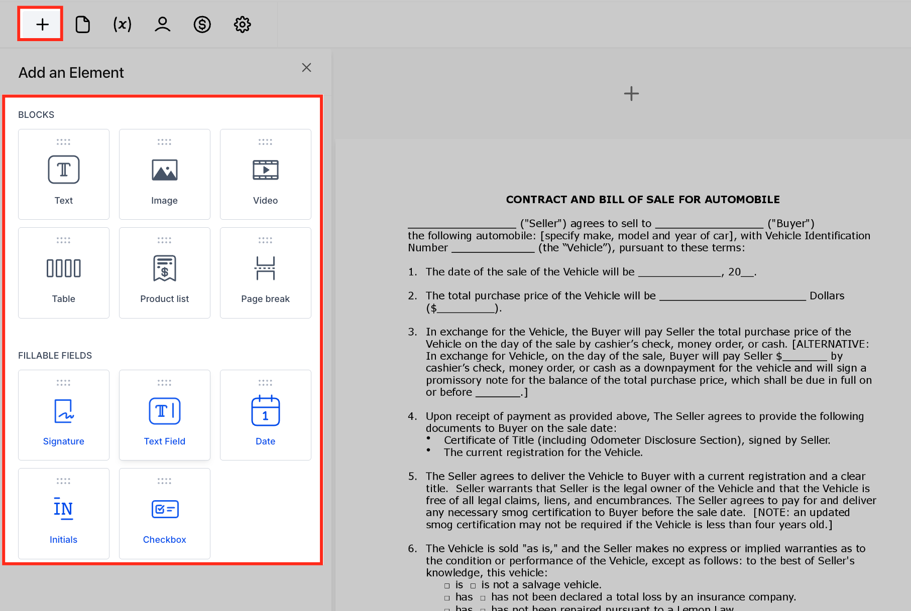 Editor dei documenti con il pannello 'Aggiungi elementi' che mostra campi come Firma, Campo di testo e Data.