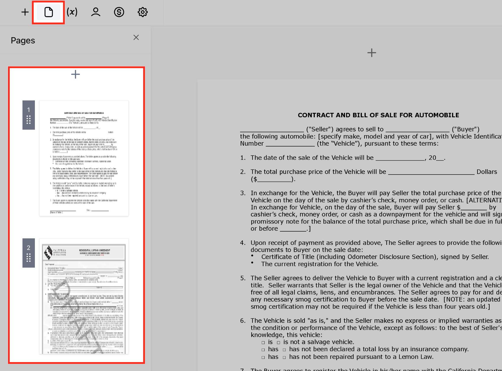 Pannello di gestione delle pagine nell'editor dei documenti.