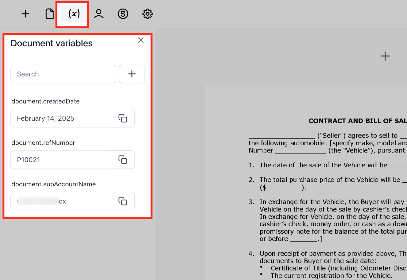 Pannello delle variabili del documento, che mostra segnaposto come Data di creazione e Nome account.