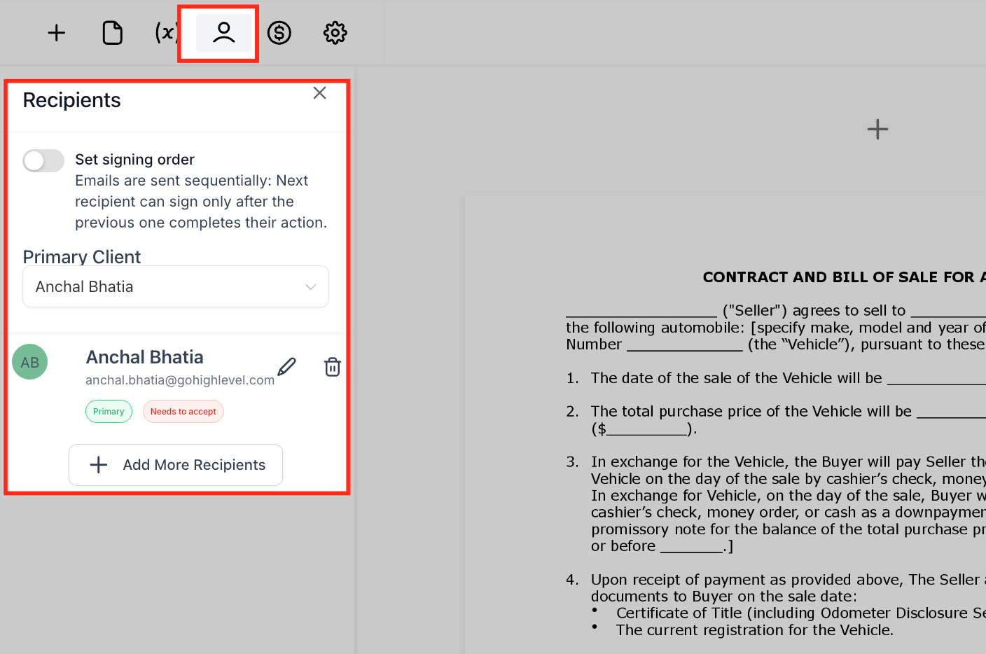 Pannello dei destinatari per aggiungere firmatari a un documento.