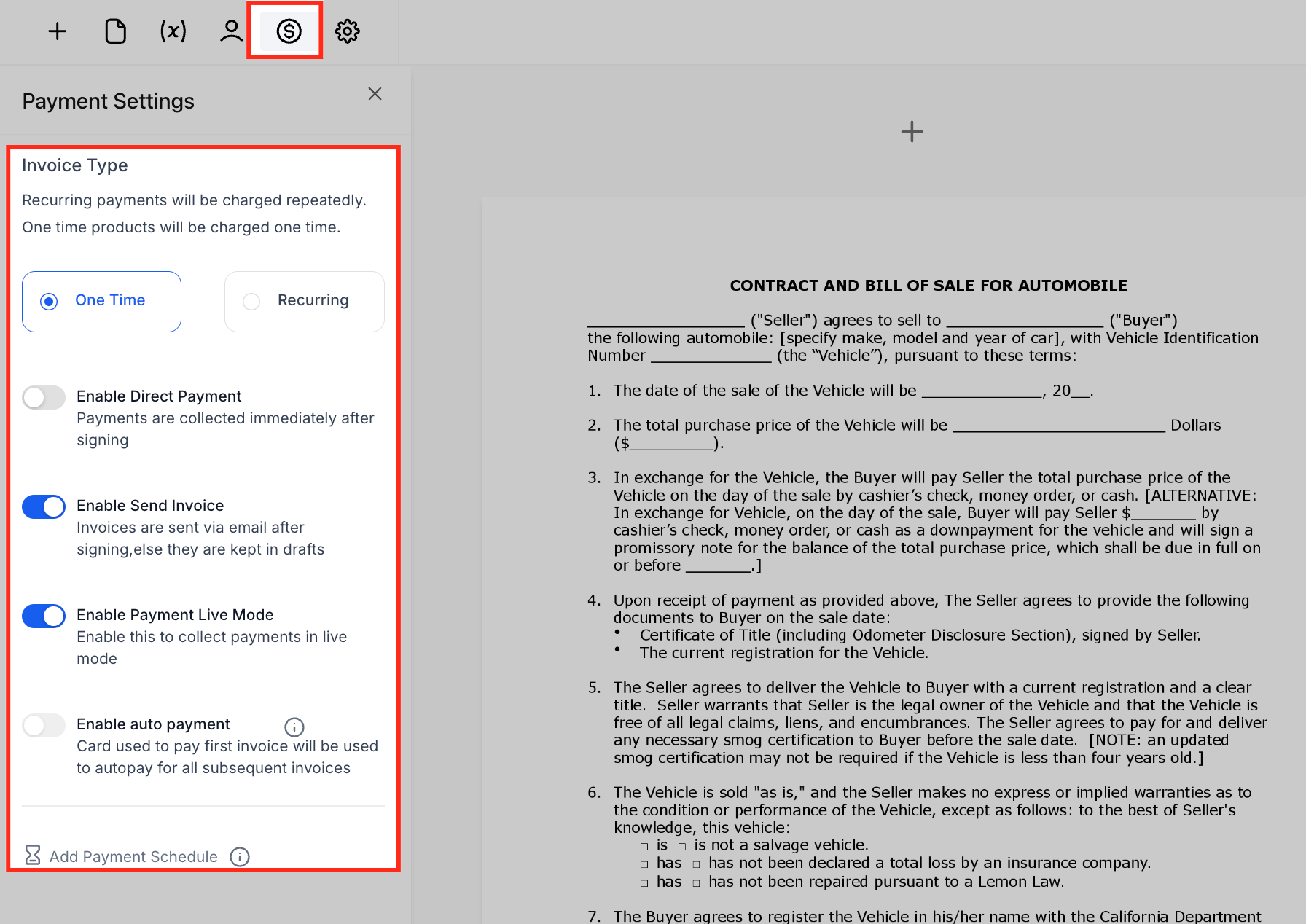 Impostazioni di pagamento all'interno di un documento, con opzioni per pagamenti una tantum o ricorrenti.
