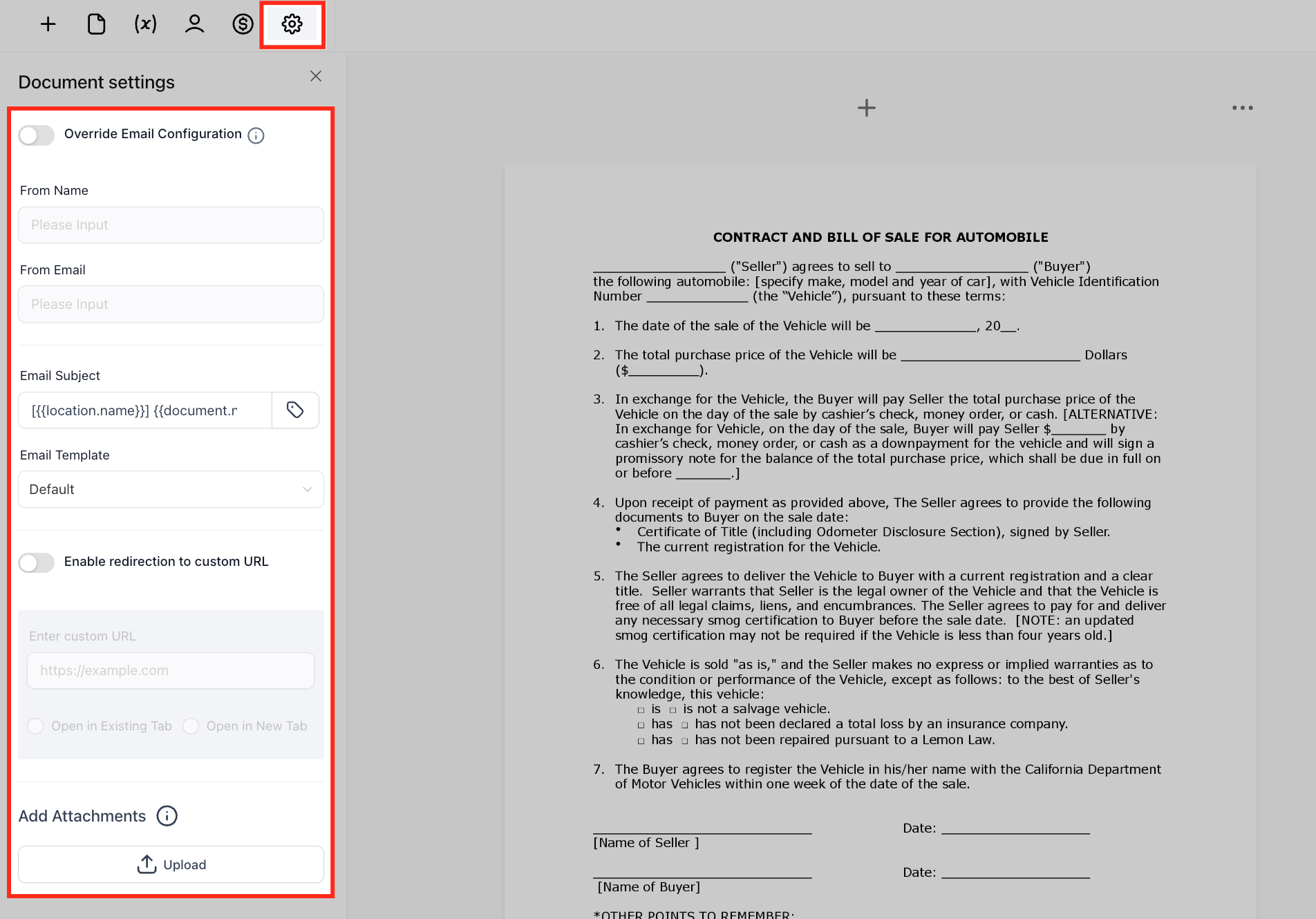 Impostazioni del documento, incluse le opzioni per l'email e il reindirizzamento dopo la firma.