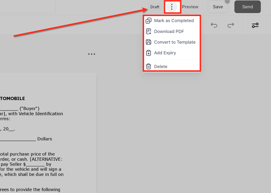 Menu delle azioni nell'editor dei documenti, con opzioni come Segna come completato e Aggiungi scadenza.