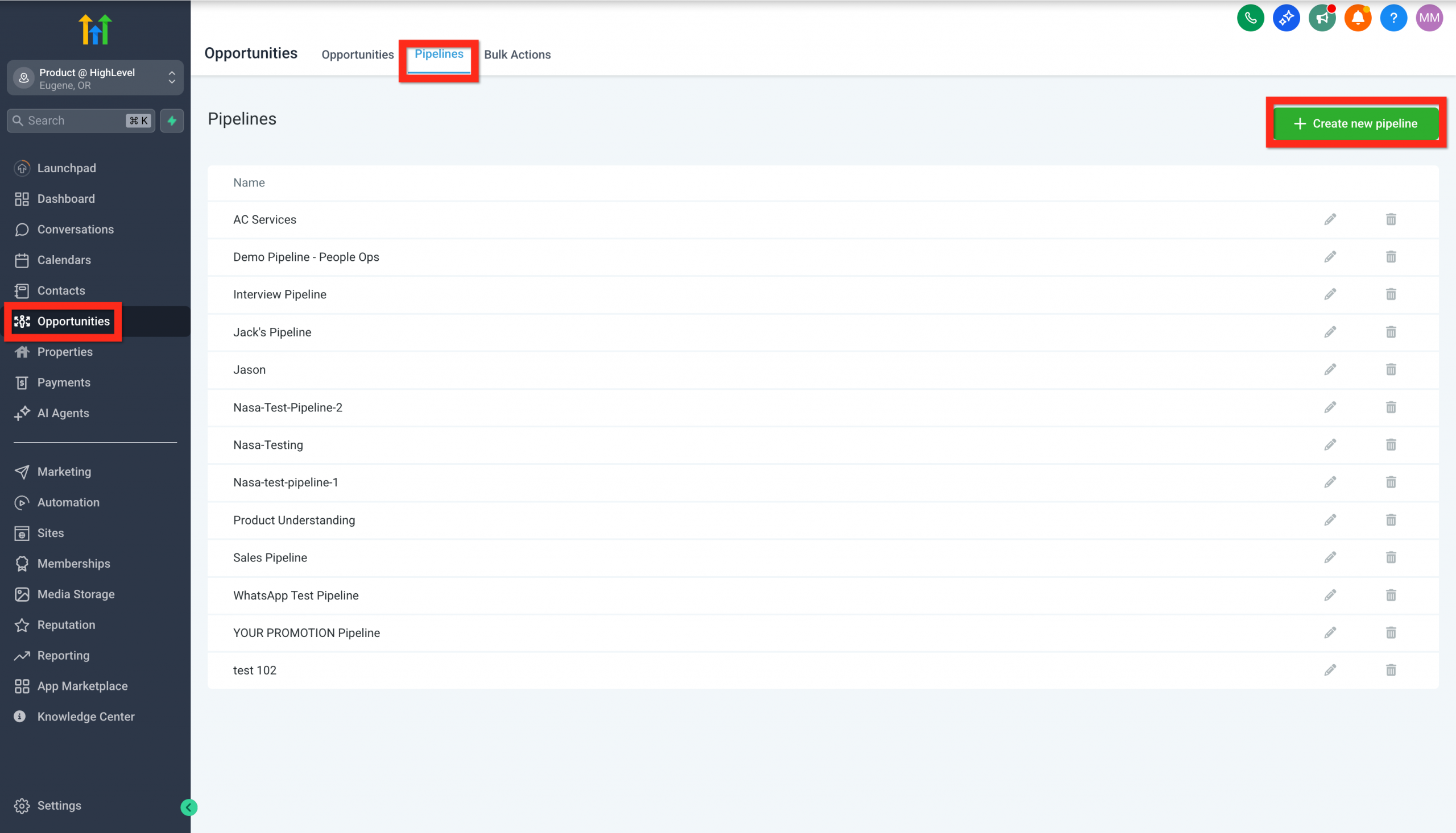 Pulsante per creare una nuova pipeline in Futuria CRM.