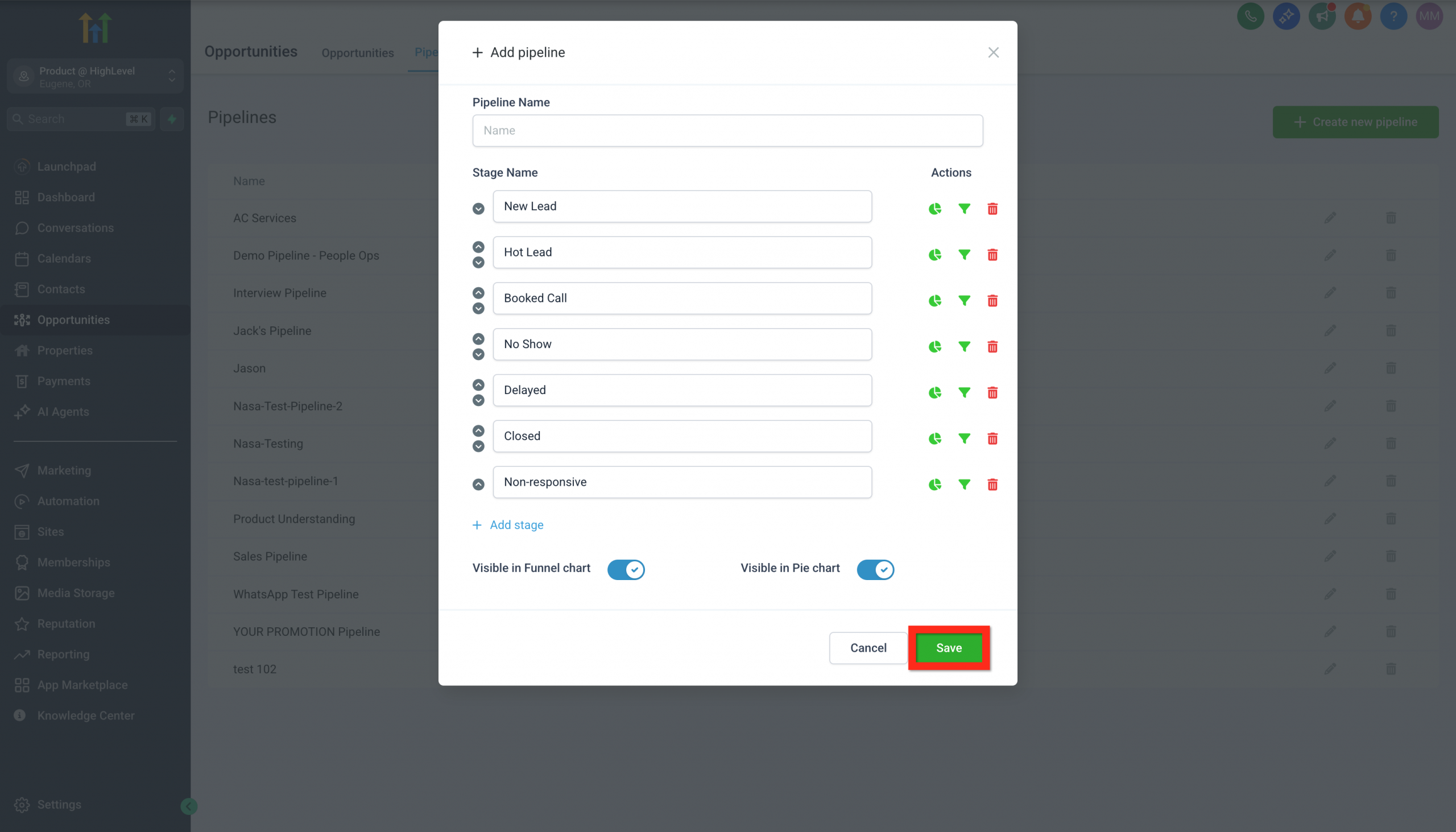 Finestra di dialogo per la creazione di una nuova pipeline con campi per nome e fasi.