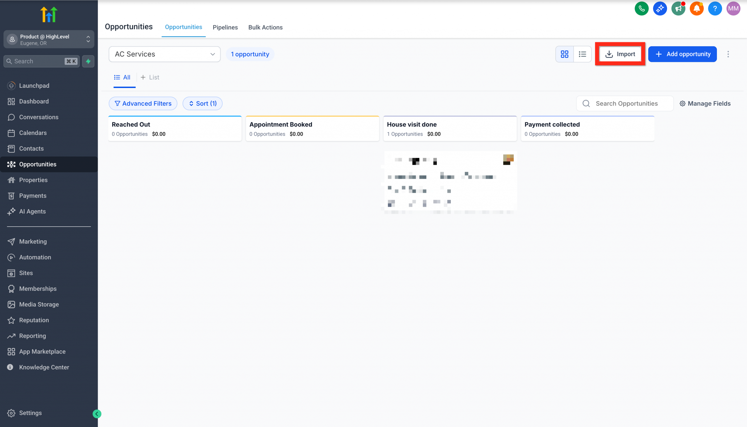 Pulsante per importare opportunità nella vista pipeline.