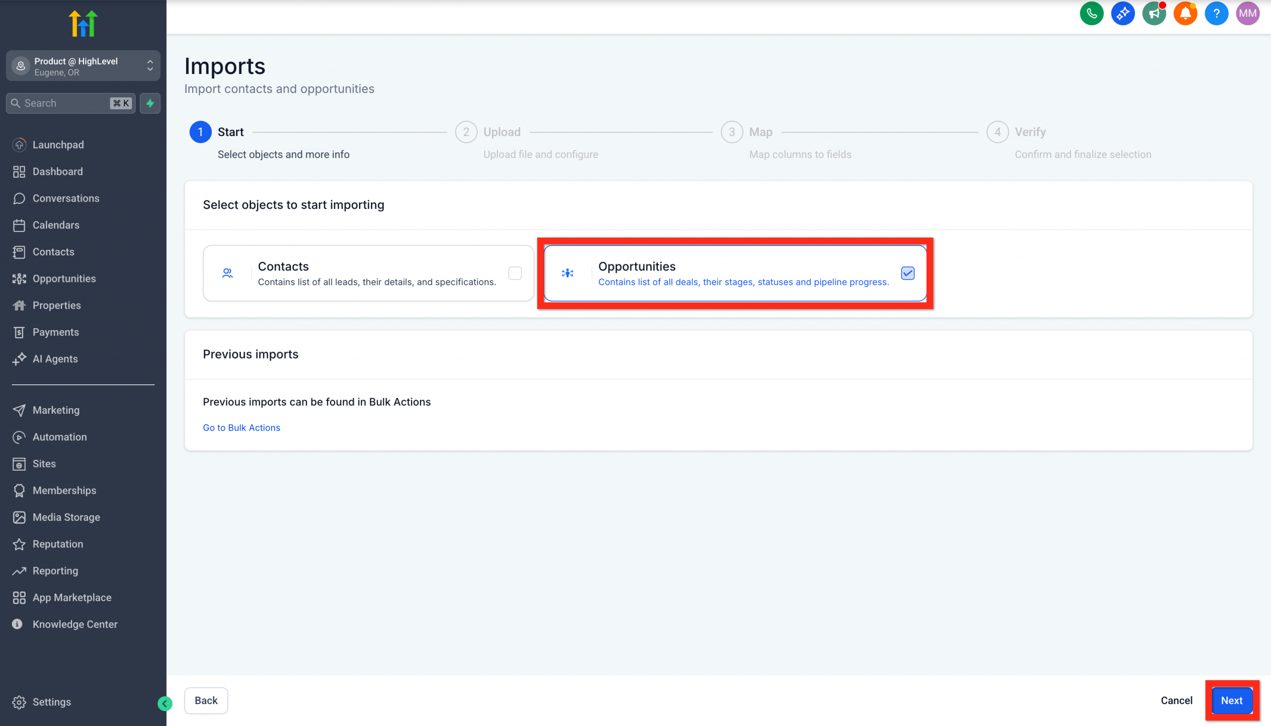 Schermata di importazione che mostra l'opzione per importare opportunità.