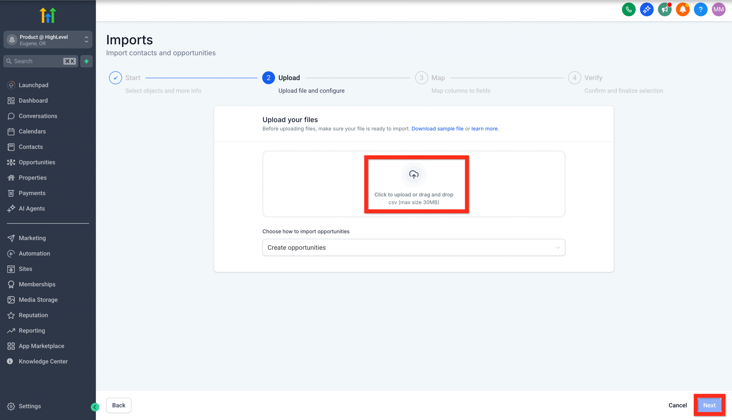Passaggio per caricare un file CSV per l'importazione di opportunità.