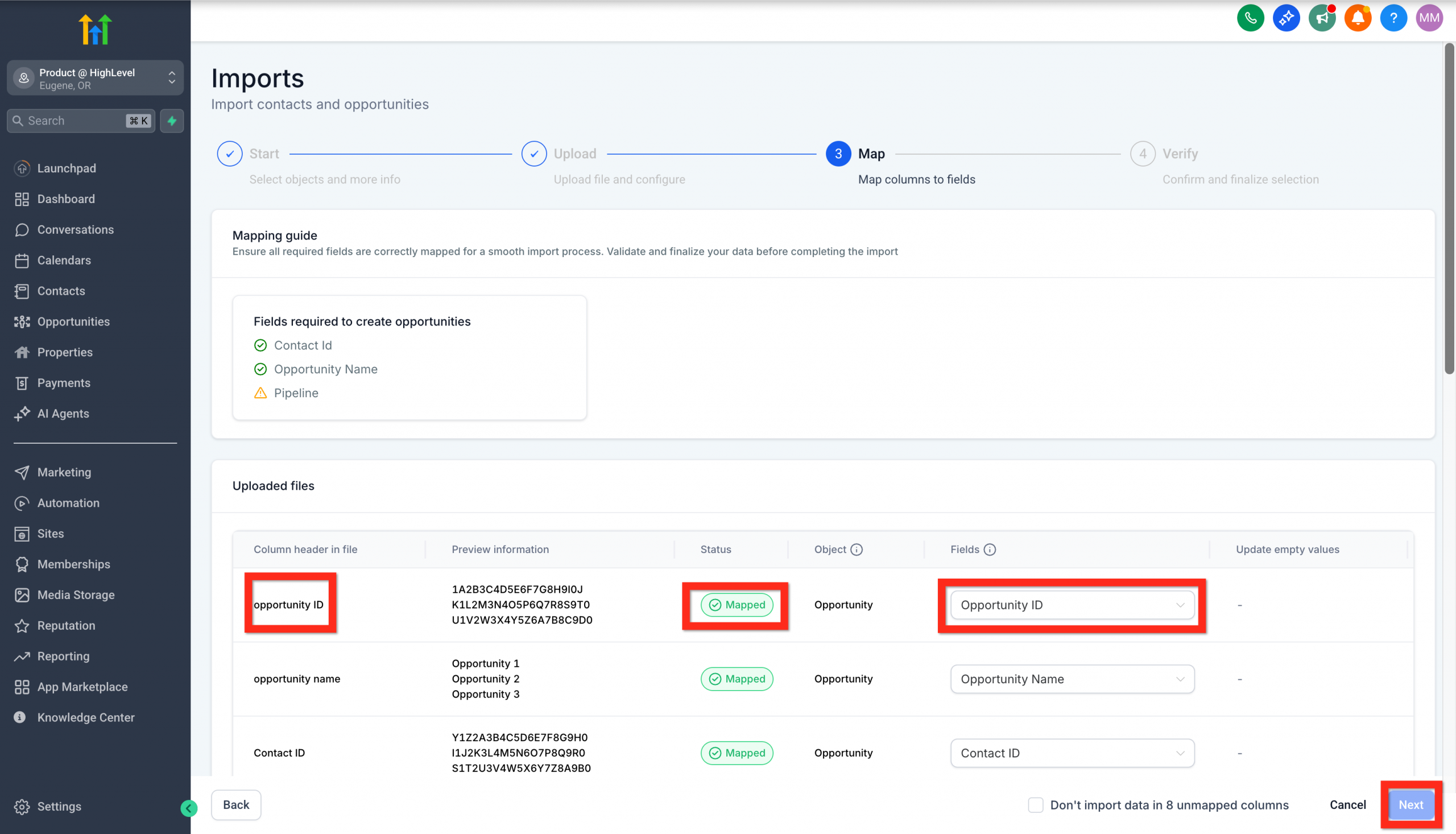 Mappatura delle colonne del file CSV ai campi delle opportunità in Futuria CRM.