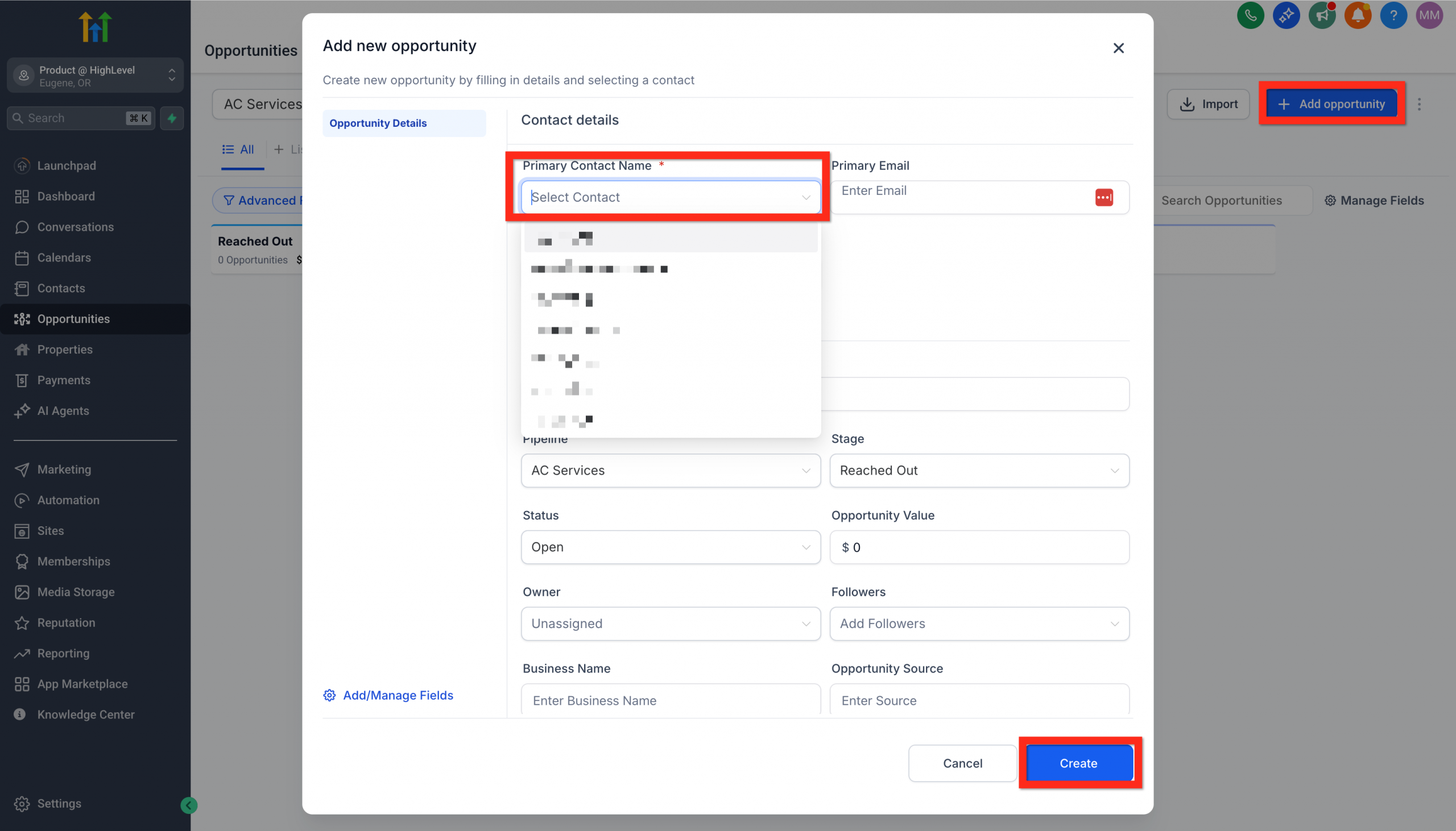 Modulo per la creazione manuale di una nuova opportunità.