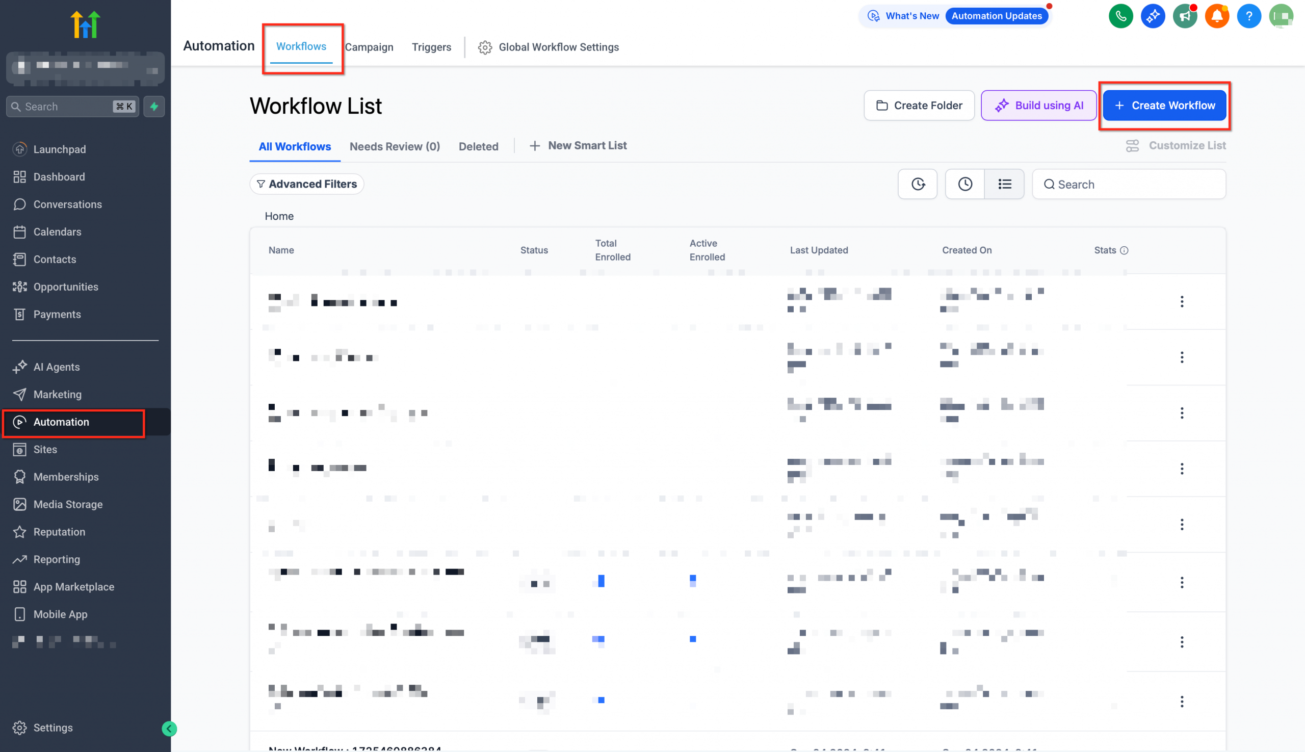 Navigazione alla sezione Automazioni e Workflow in Futuria CRM.