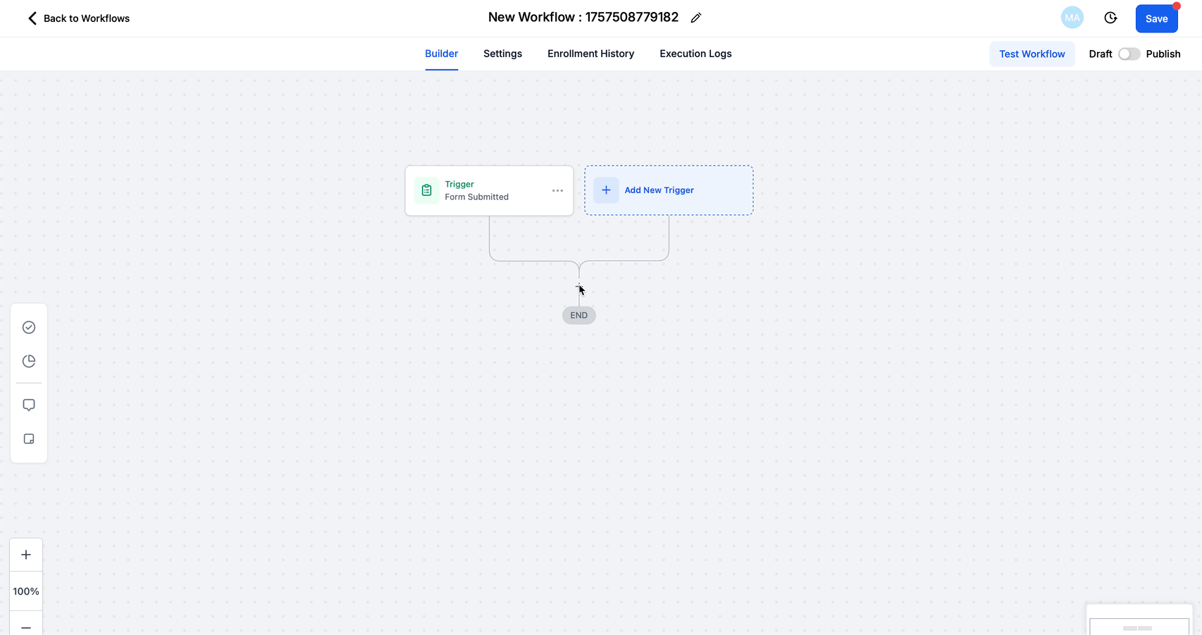 GIF che mostra come aggiungere l'azione 'Crea/Aggiorna opportunità' in un workflow.