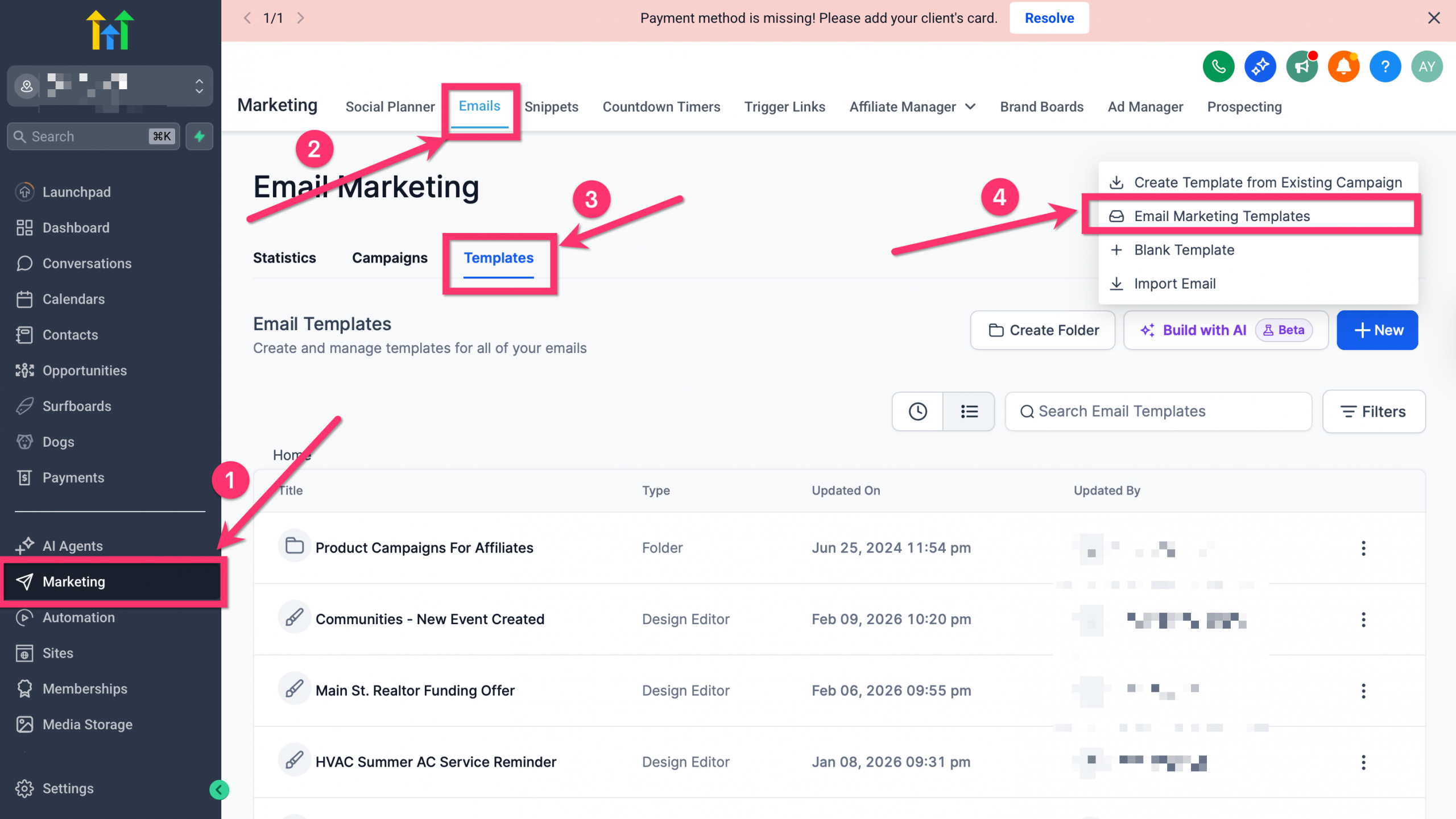 Schermata che mostra la selezione dei template di email marketing in Futuria CRM.