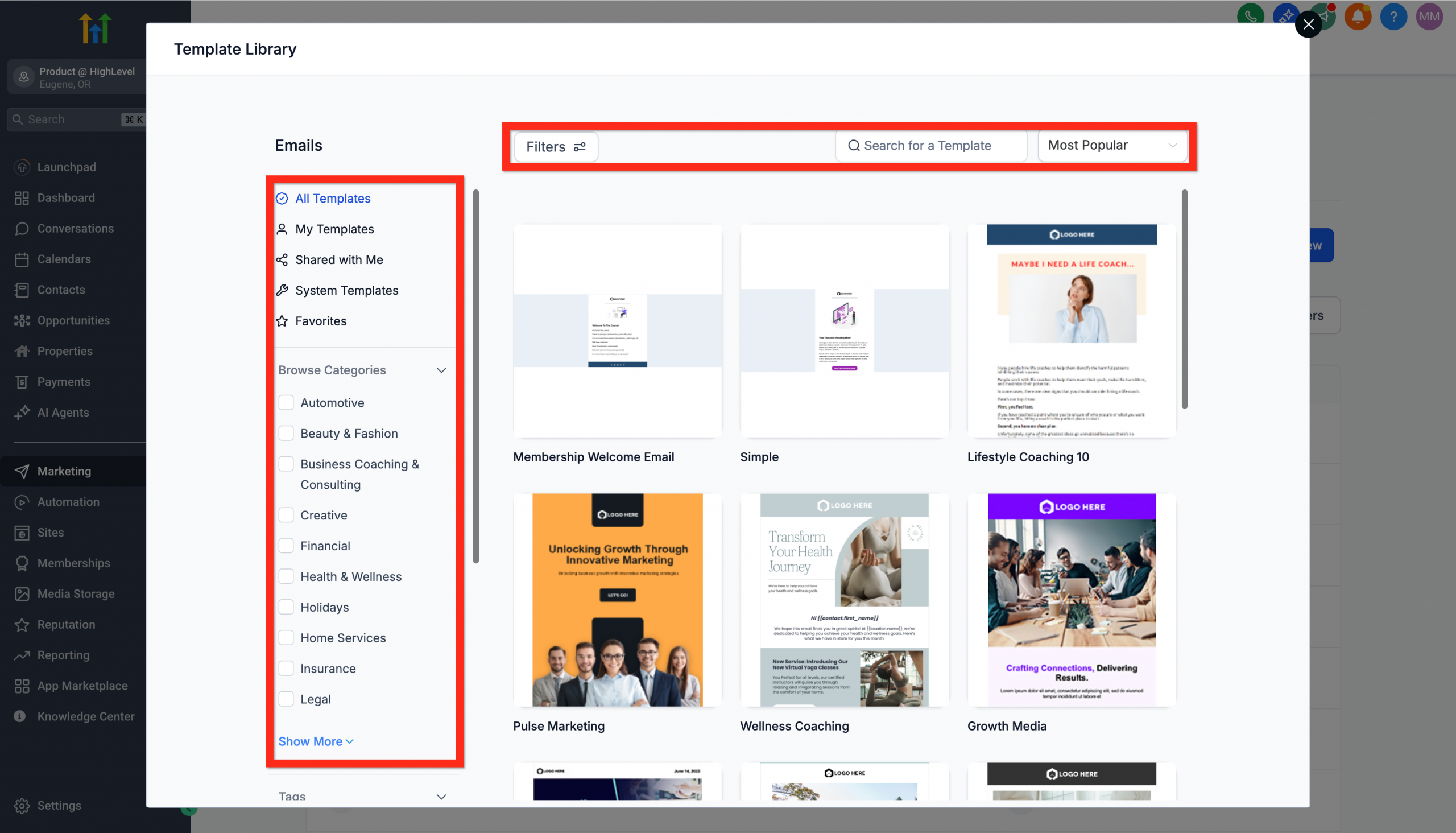 Galleria dei template email con opzioni di ricerca e filtro.